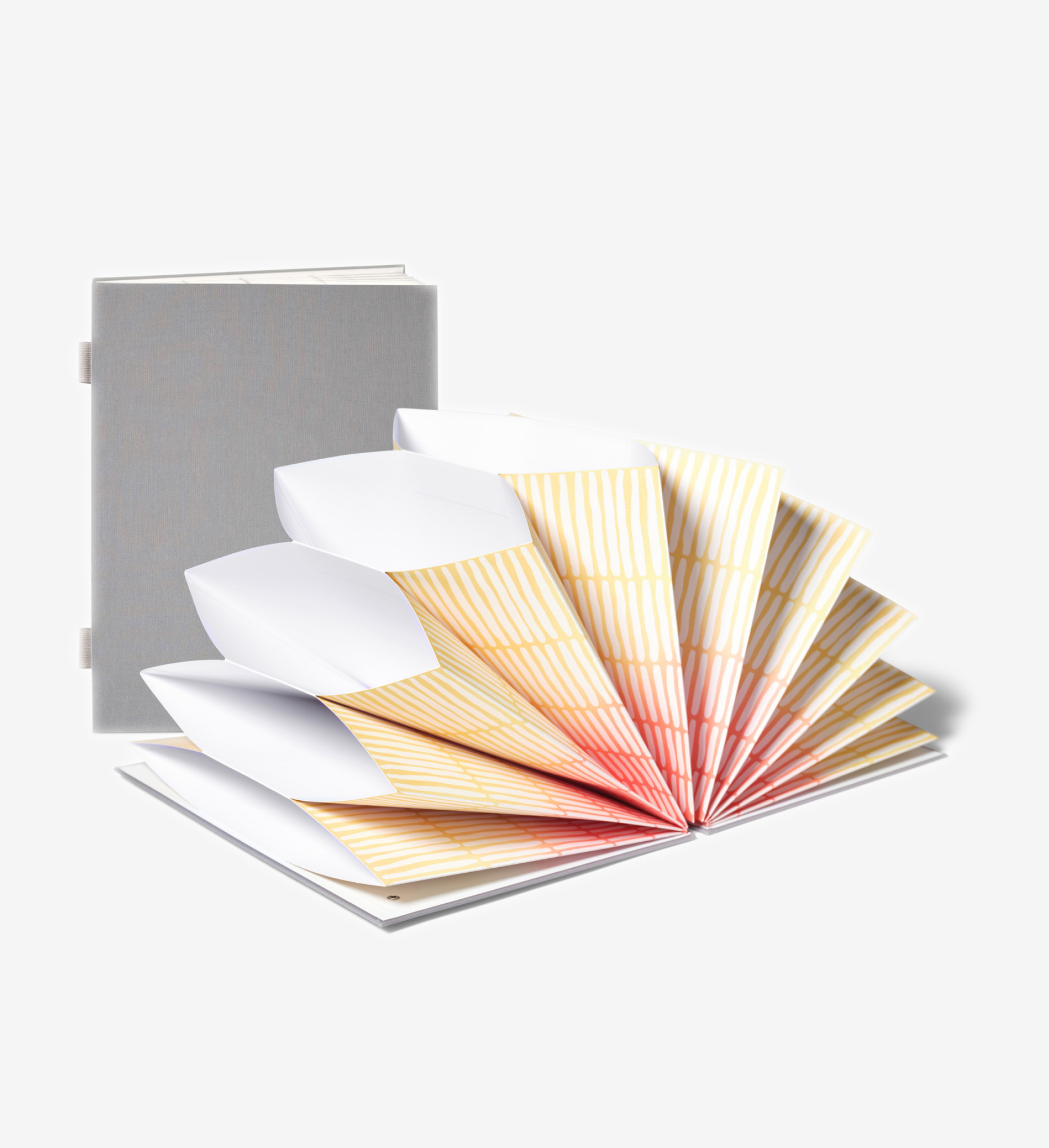 closed slate and open colorful fan folios.