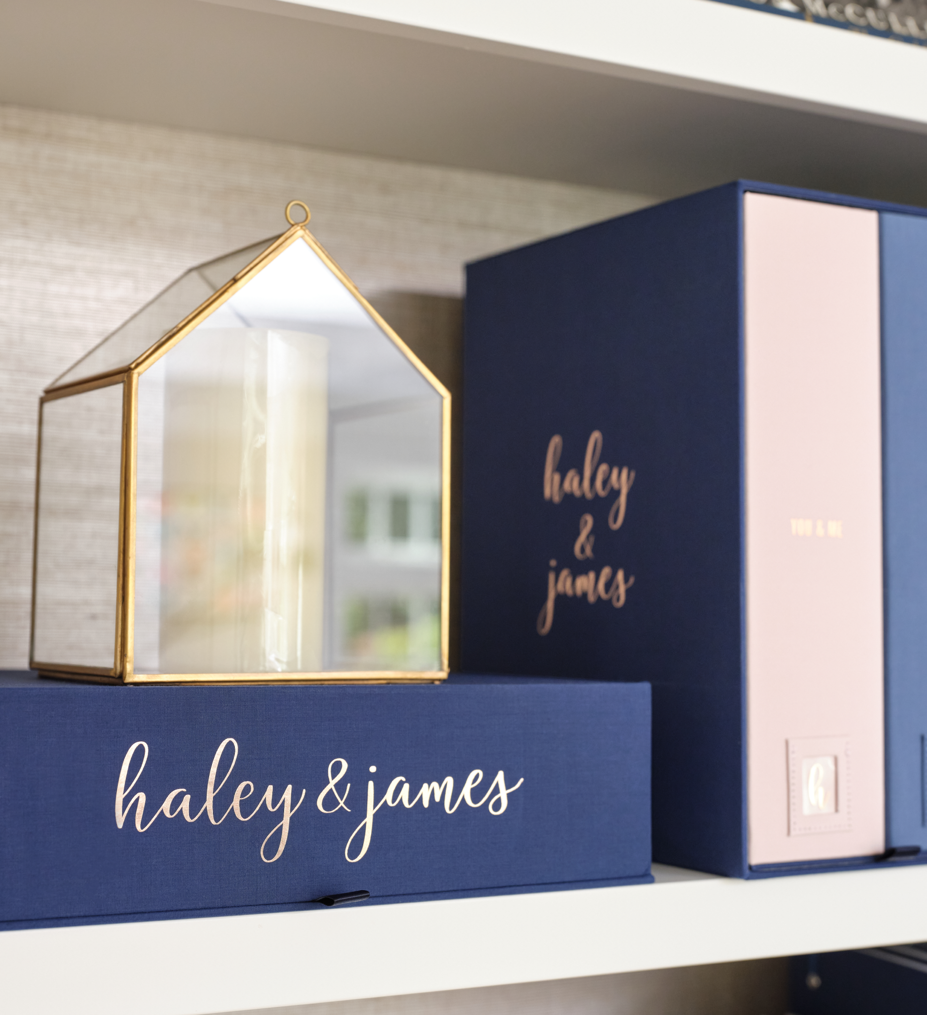 something blue overflow box personalized on a bookshelf.