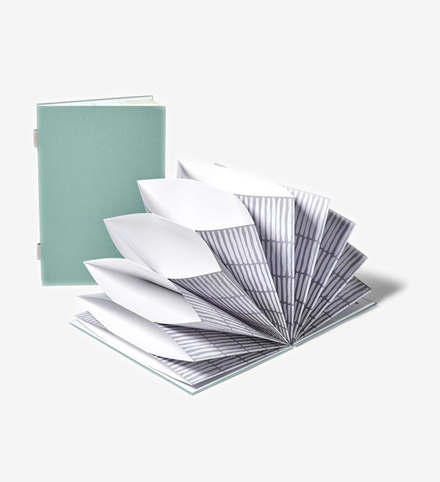 closed and open sage outside and gray inside fan folios.