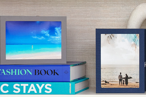 Savor story boxes: a slate one and a something blue one, together with some books