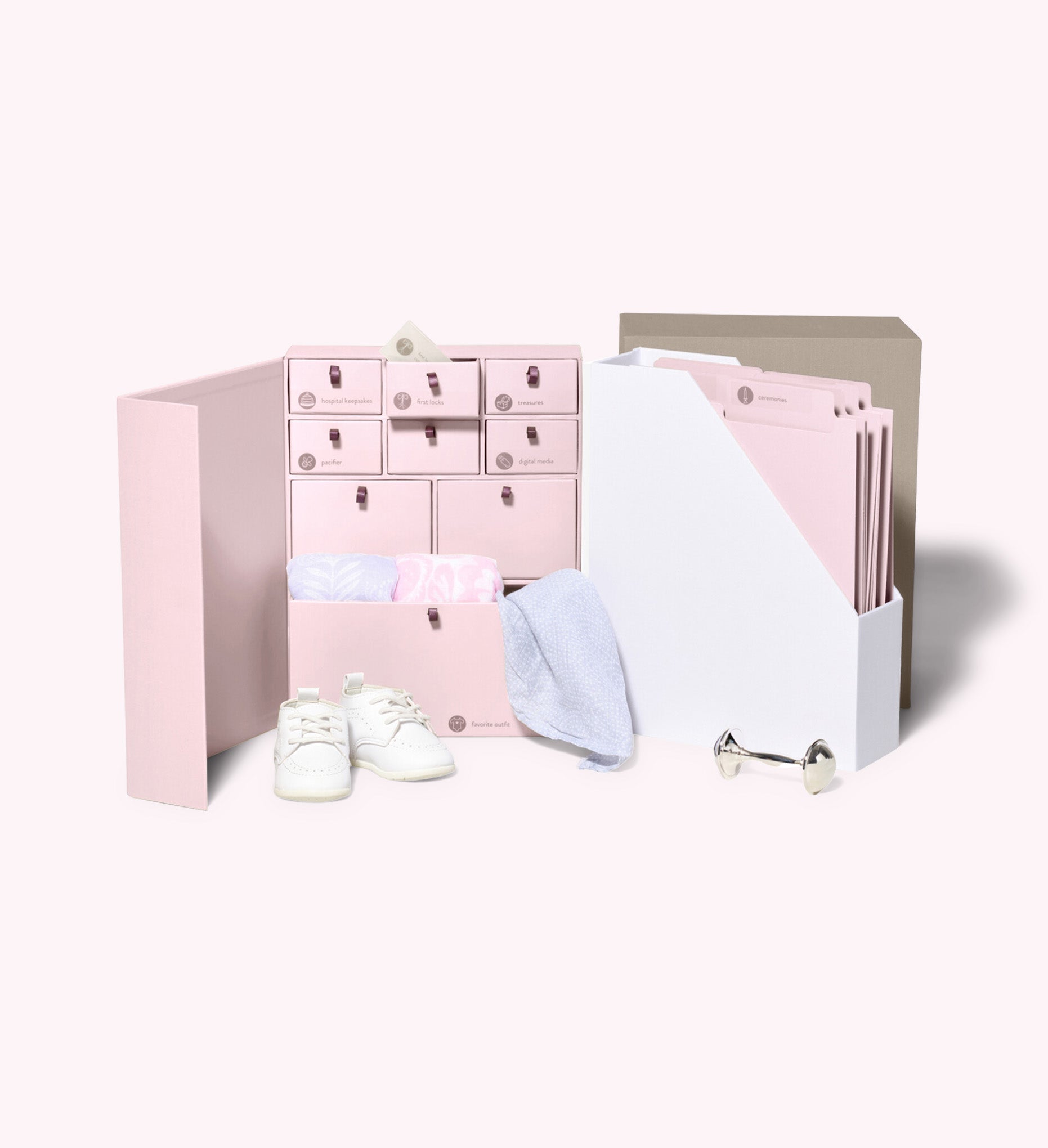 Open blossom baby deluxe keepsake box with baby props.