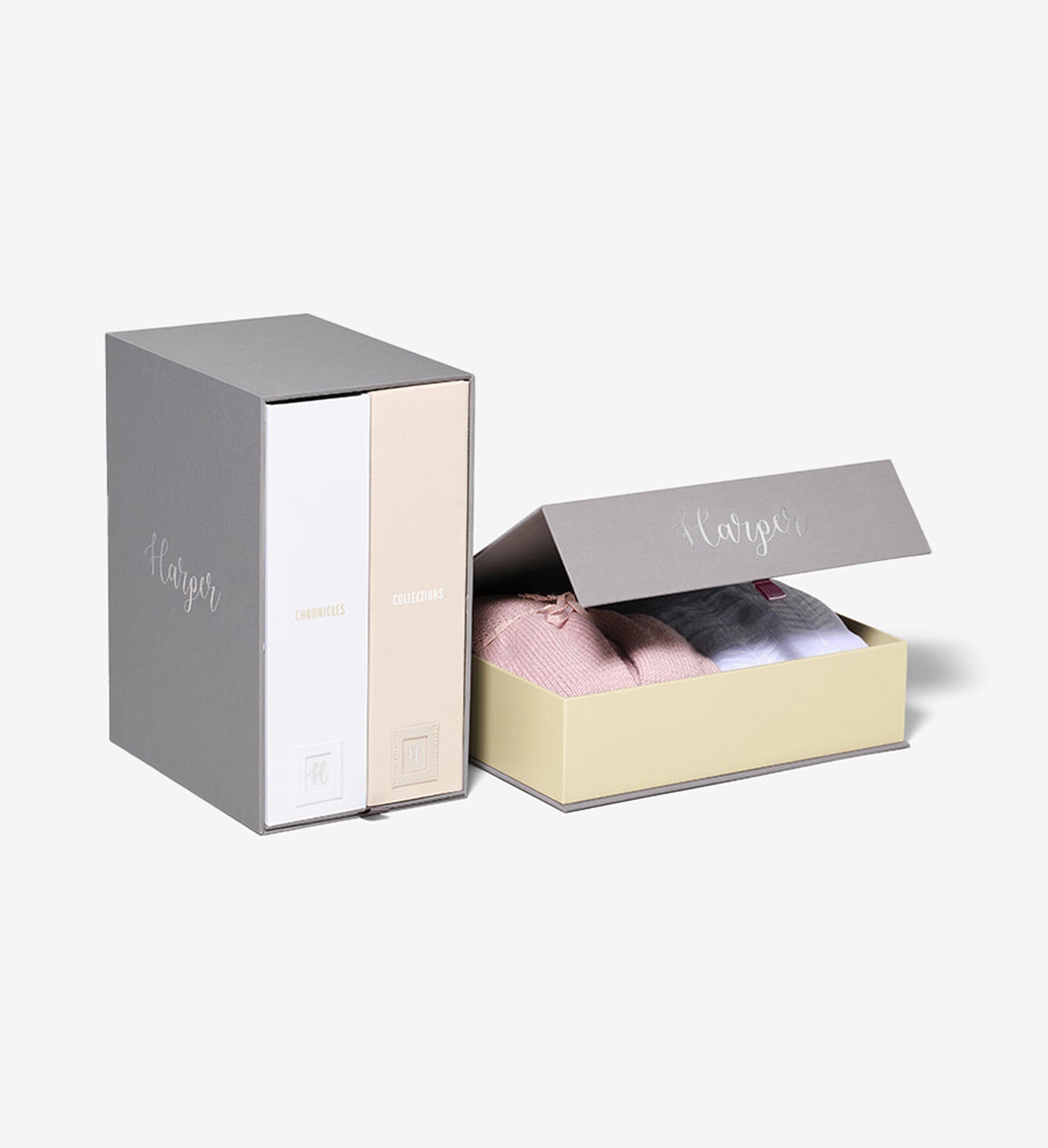 closed slate baby deluxe keepsake box and overflow box personalized with harper