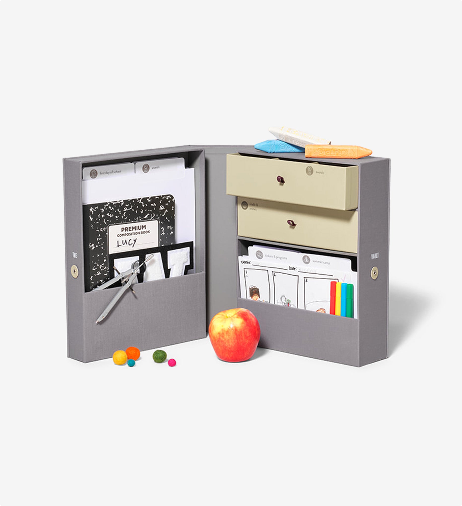 Open slate desk organizer vault with props.