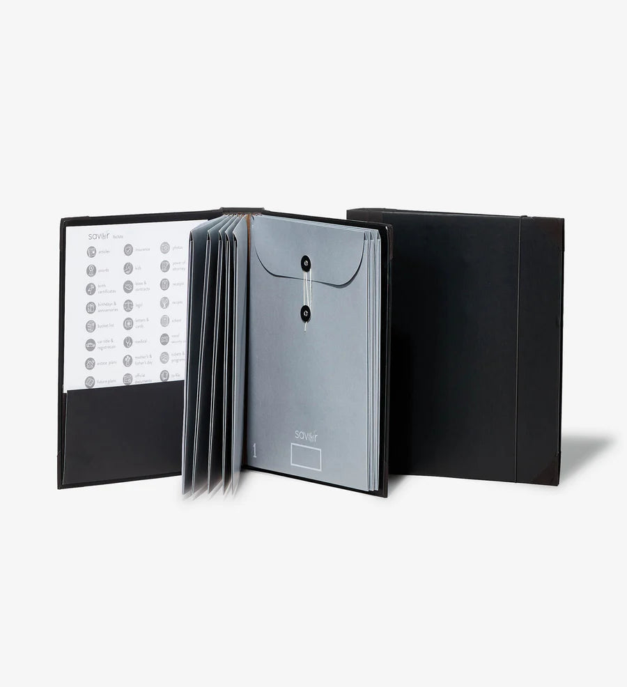 Black folio document organizer open and closed