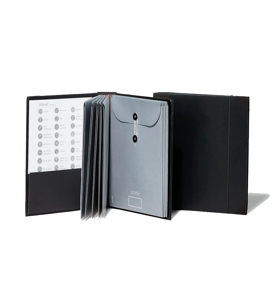 Folio document organizer in black, one open and one closed