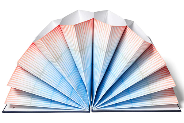 Open fan folio in blue and red with stripes