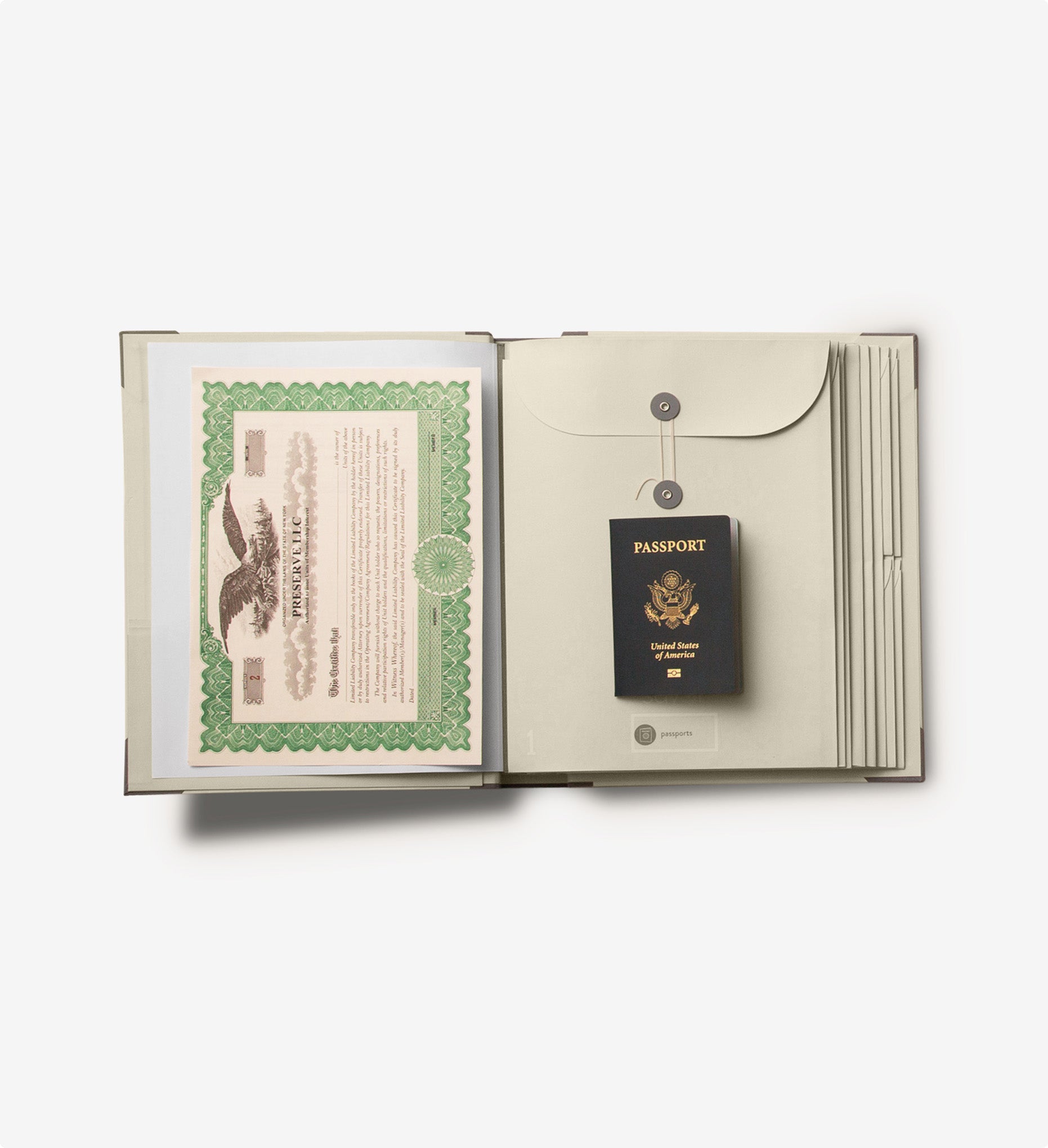 Savor Folio Document Organizer open with an LLC Certificate and a passport