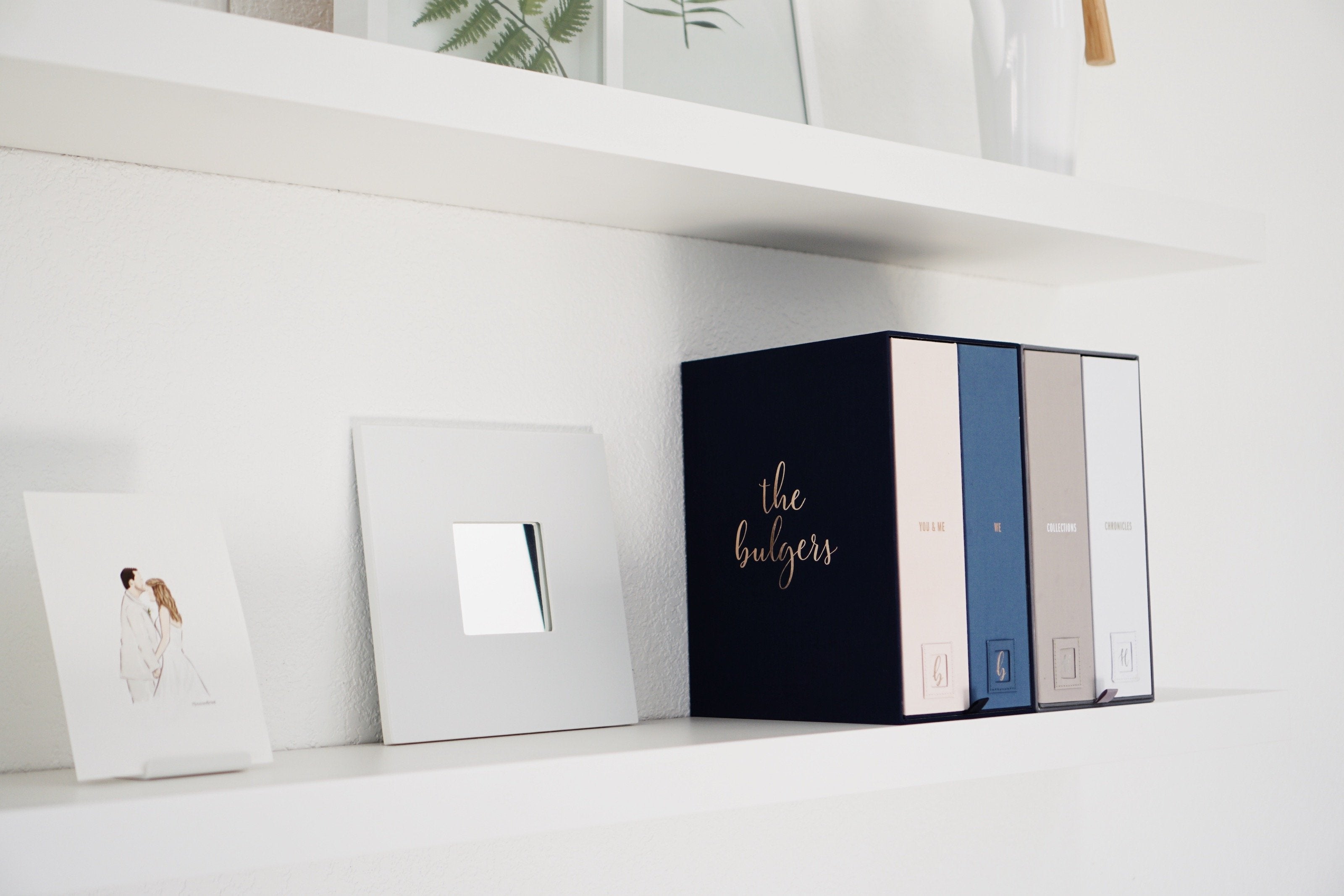 a something blue and a slate wedding deluxe keepsake boxes on a white shelf