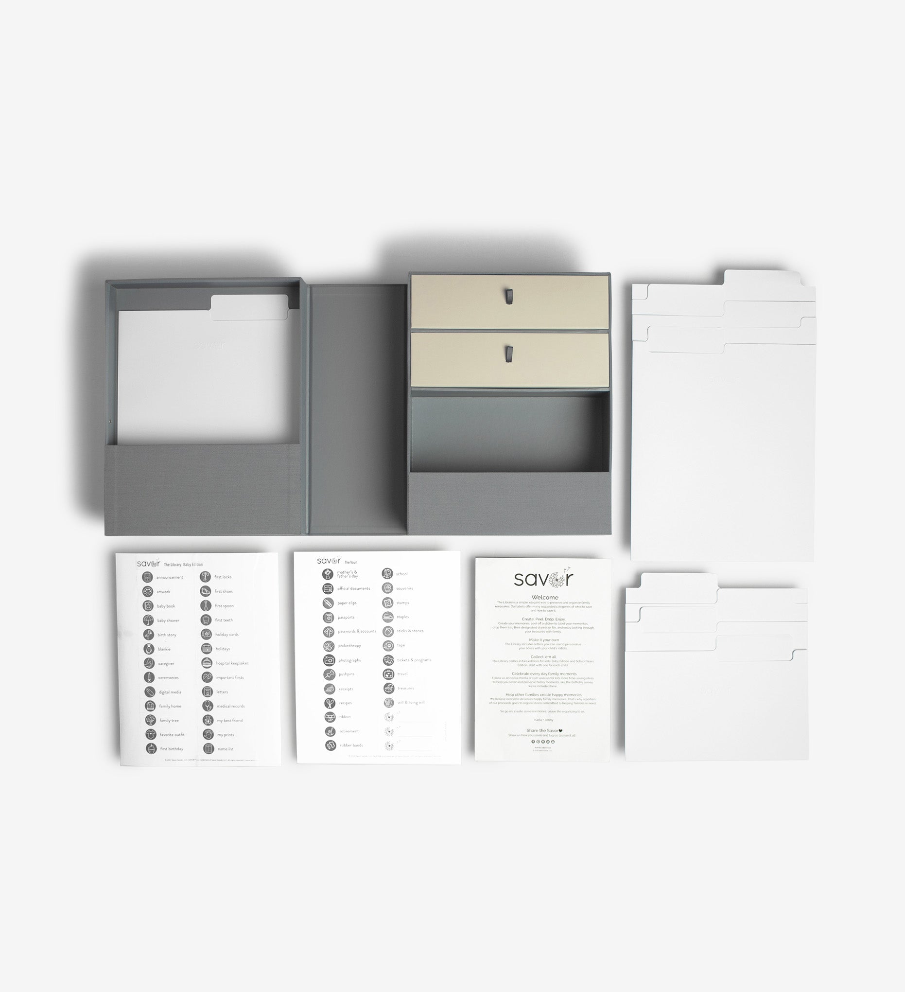 savor the vault slate keepsake box, birdsview, the box is open and laid out with labels and folders