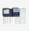 Birdseye of something blue desk vault organizer box laid out with folders and labels