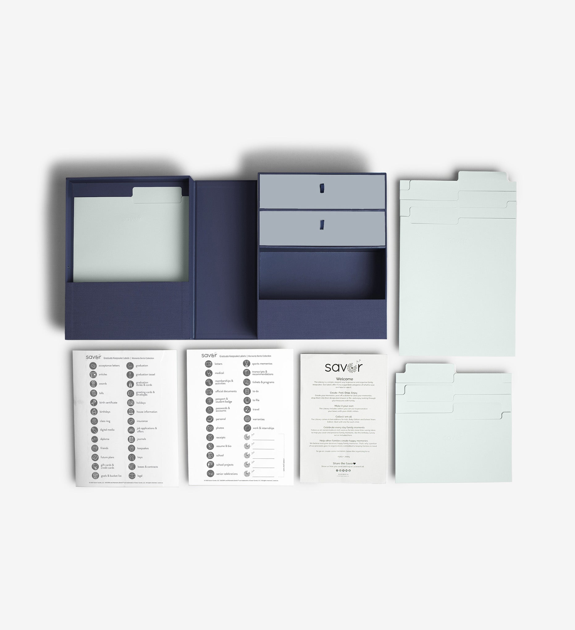 Birdseye, something blue keepsake box laid out with folders and labels