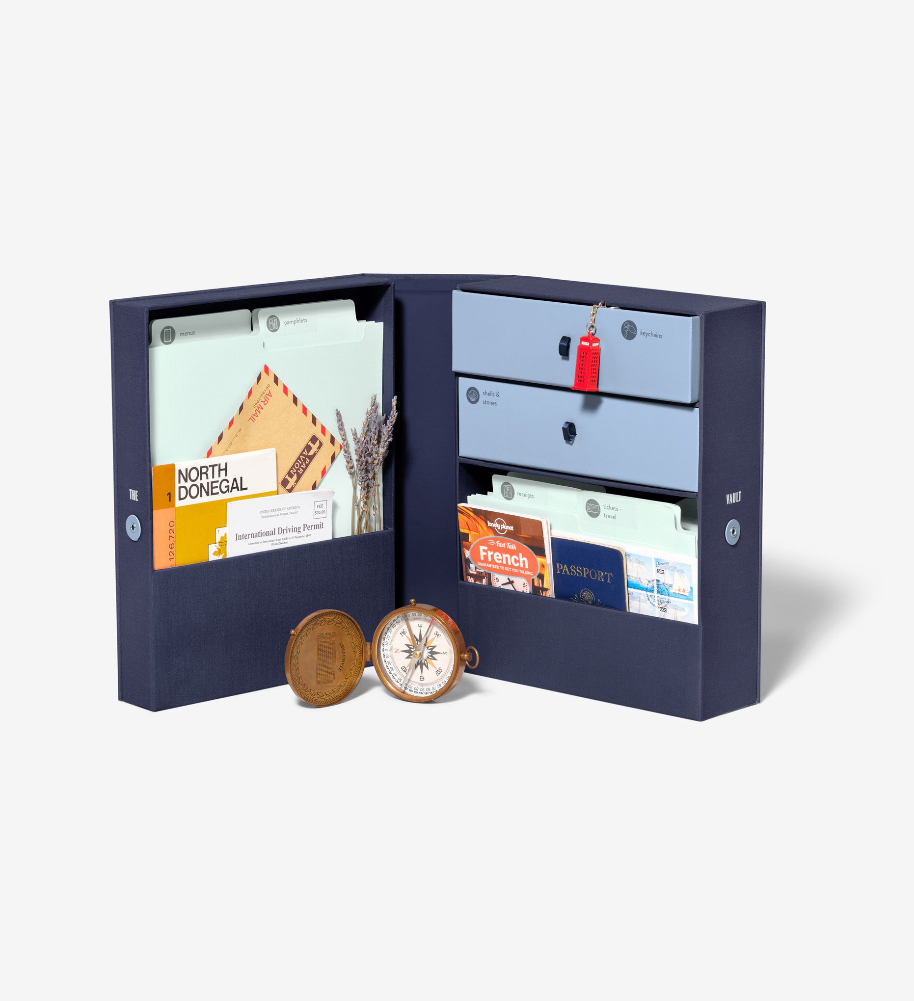 Open blue travel keepsake box