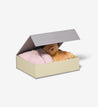 Savor slate overfloe box three quarters open with teddy bear and baby shoes inside