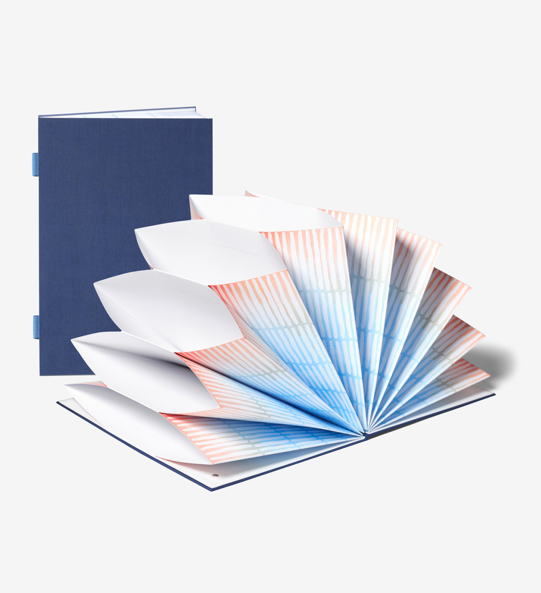 closed something blue, and open colorful fan folios.
