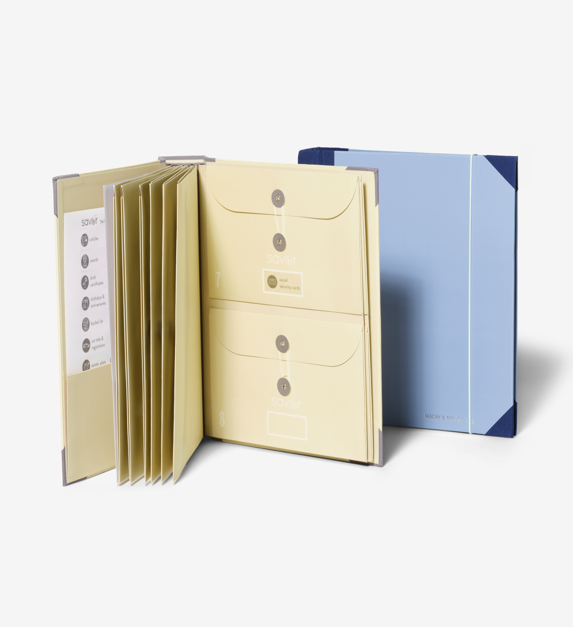 Savor folio document organizers, a slate one open and a something blue closed, both standing