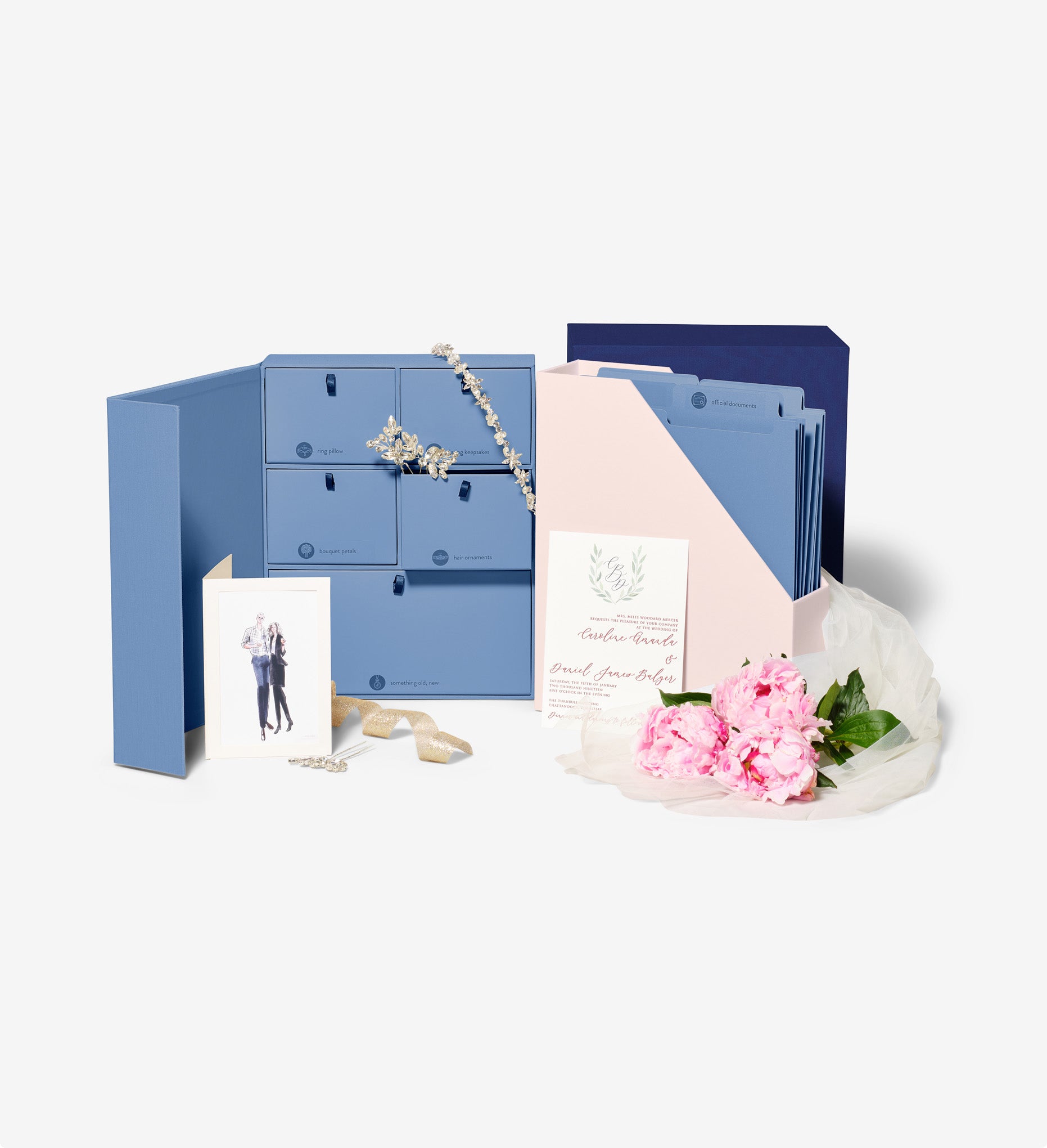 Open something blue wedding deluxe keepsake box with wedding decorations