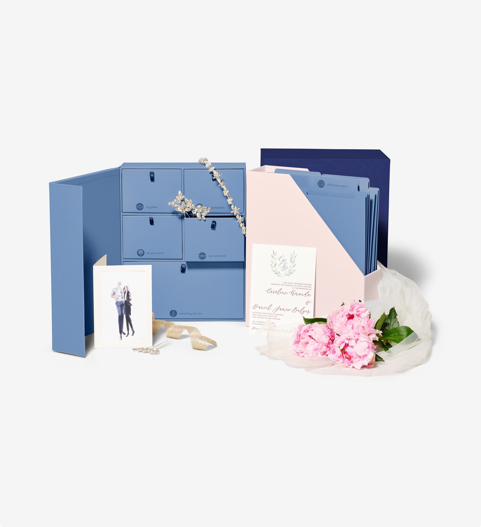 open something blue wedding deluxe keepsake box with props.