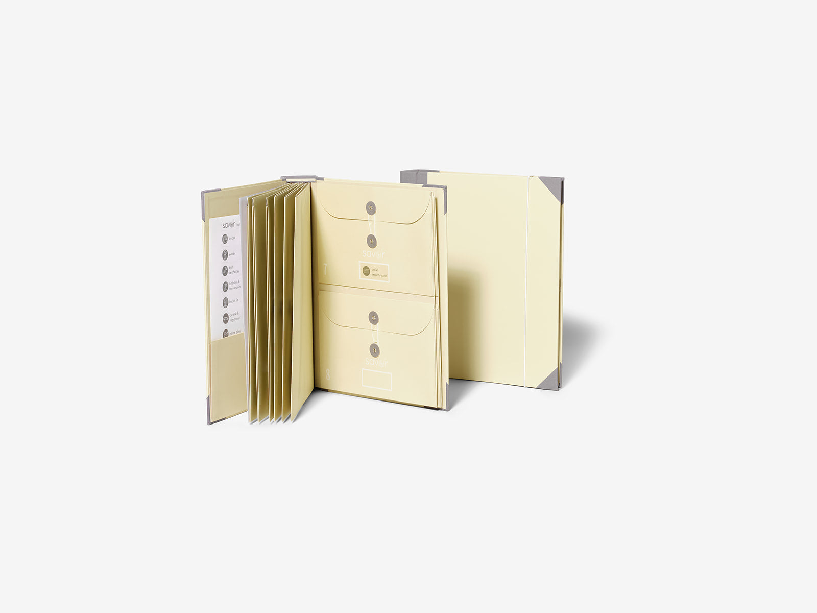 Savor document organizers in grey and beige standing on seamless background