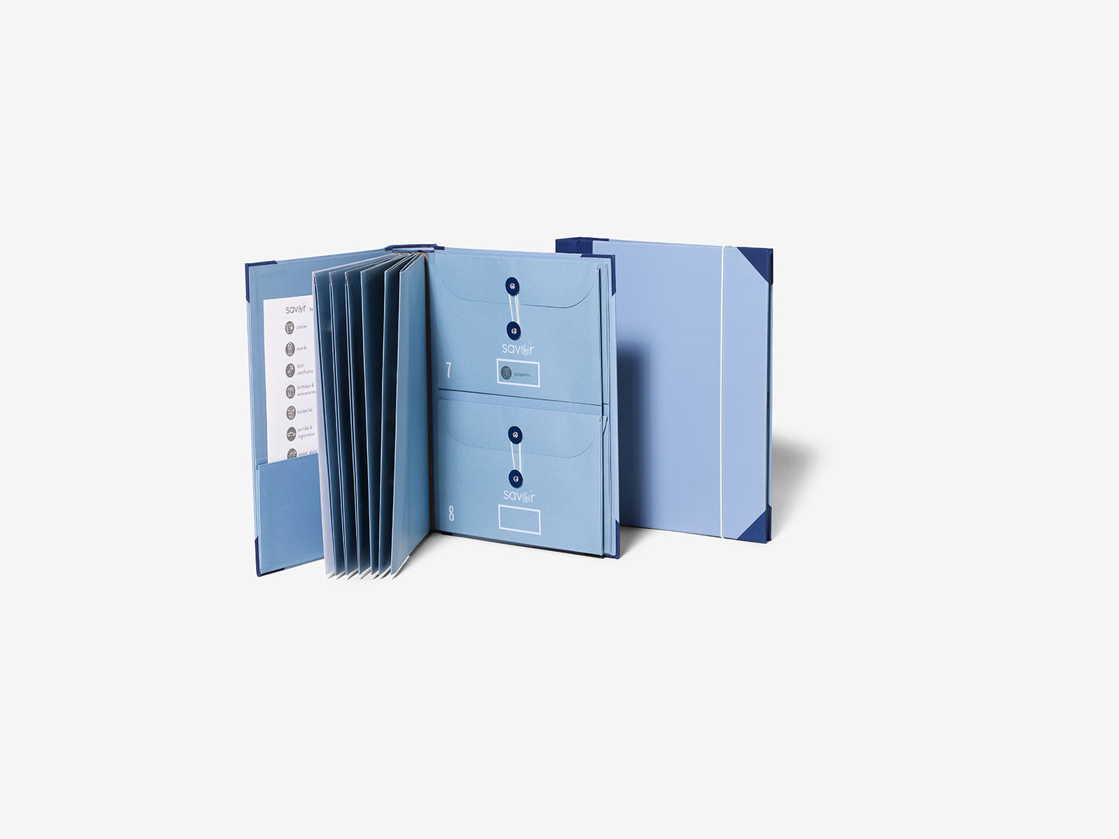 Savor document organizers in blue standing on seamless background