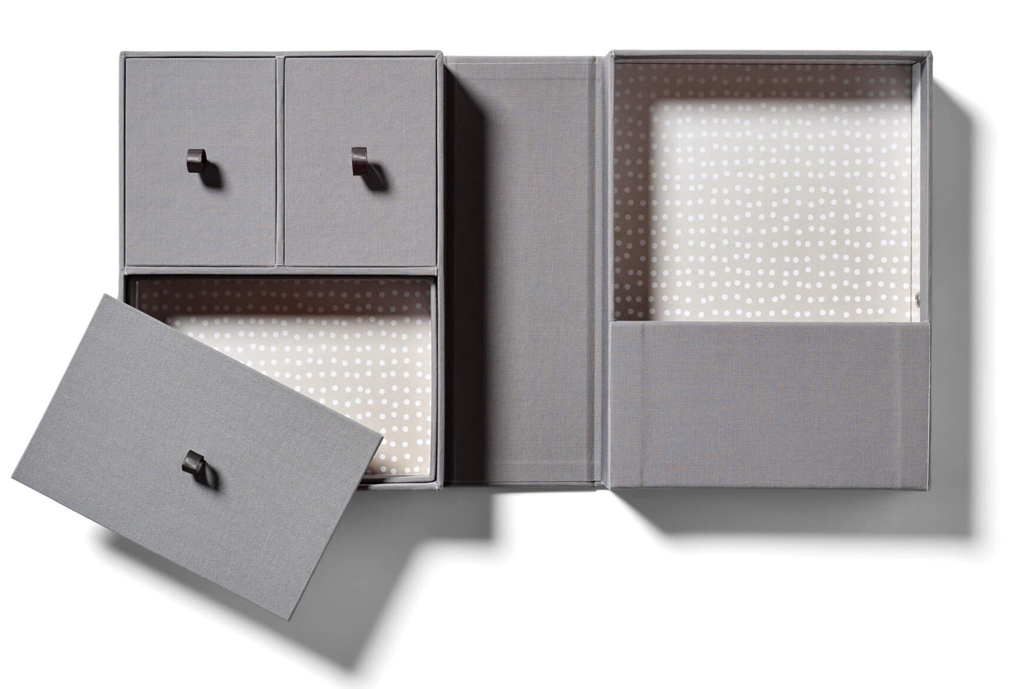 gray keepsake box with gray interiors with white dots