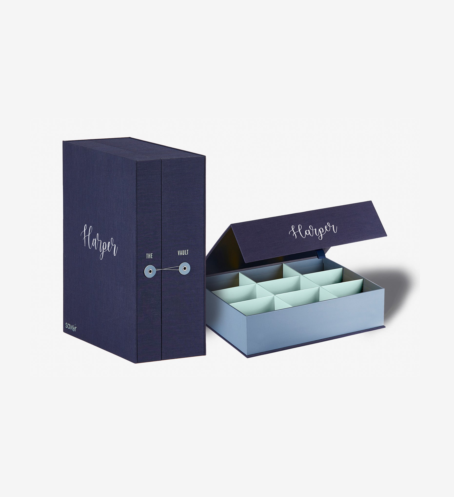 Savor Combo closed Vault keepsake box and overflow box in something blue, both boxes read 'Harper' in a cursive font