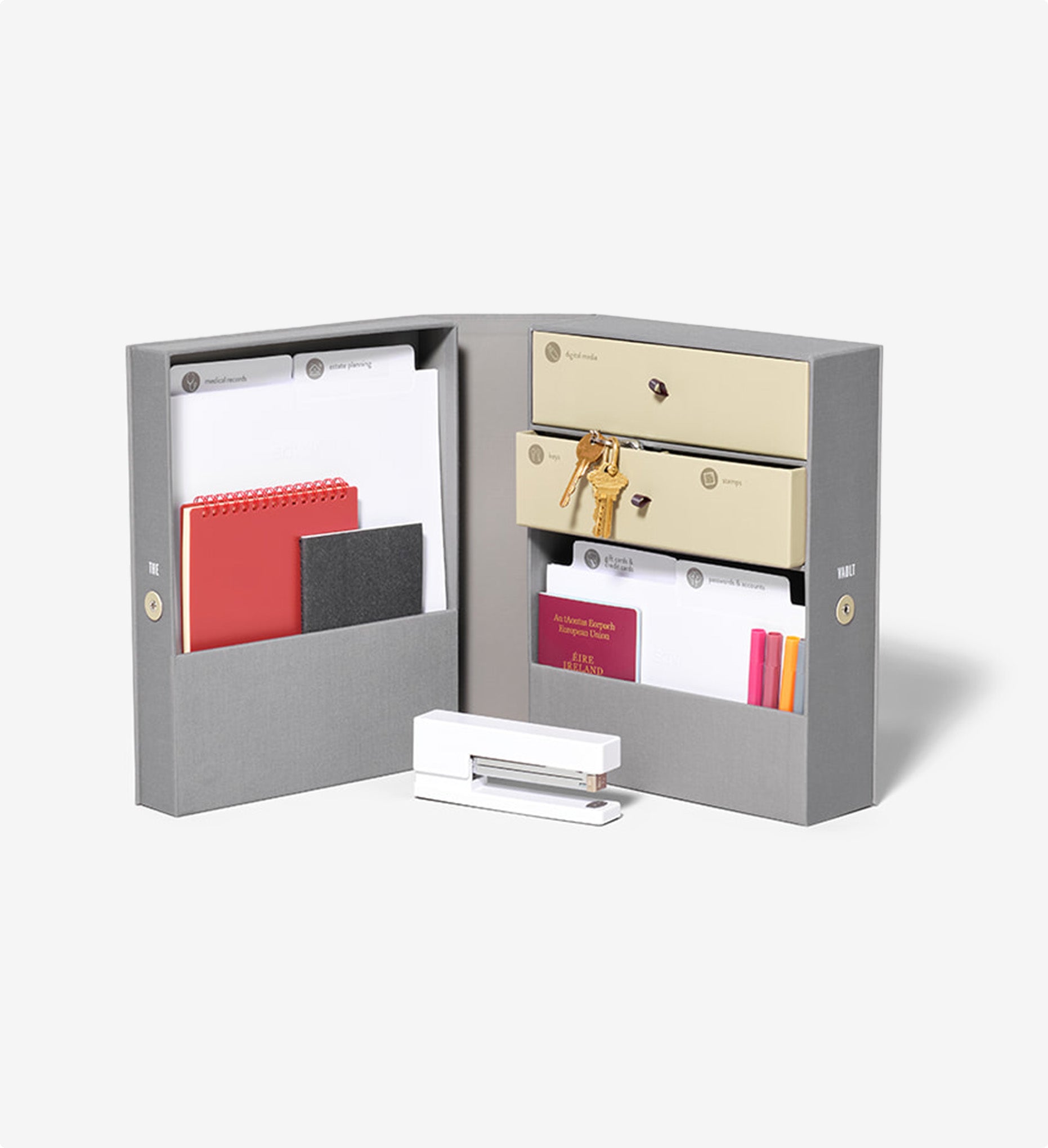 Savor Desk organizer keepsake box  with a passport, a set of keys, a notebook and other items