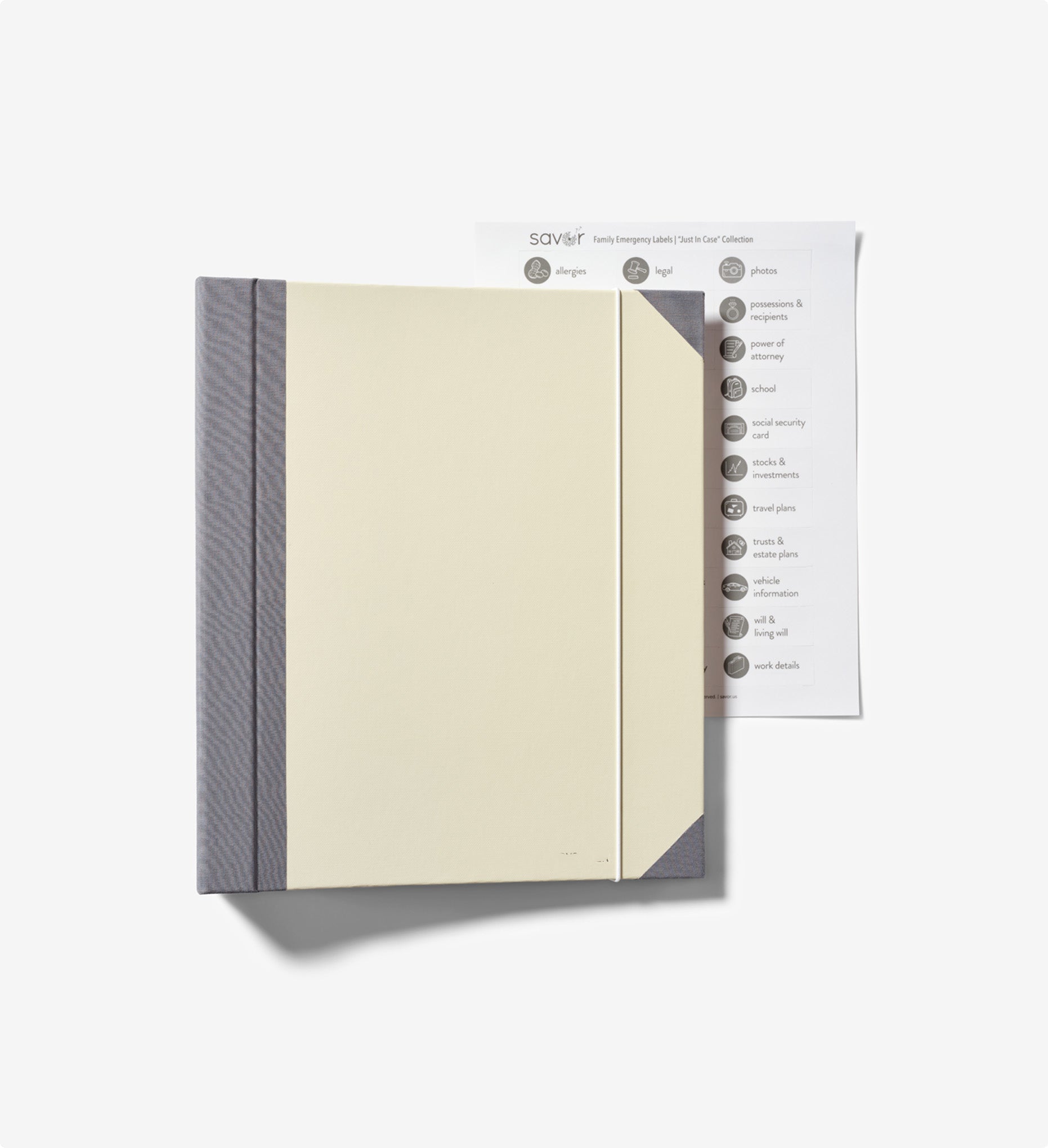 Beige Savor Family Emergency Folio closed with labels on seamless background