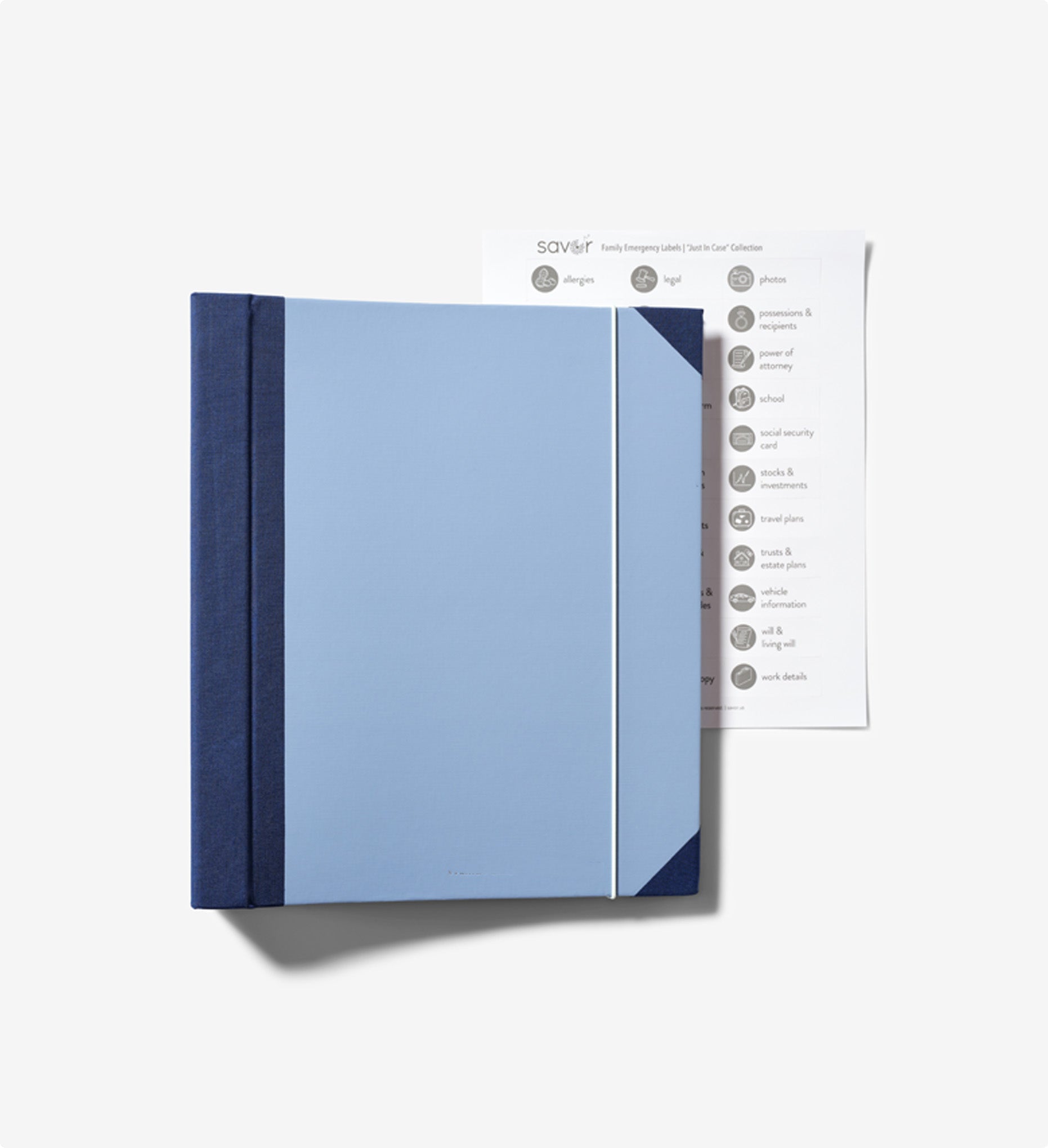 Blue Savor Family Emergency Folio closed with labels on seamless background