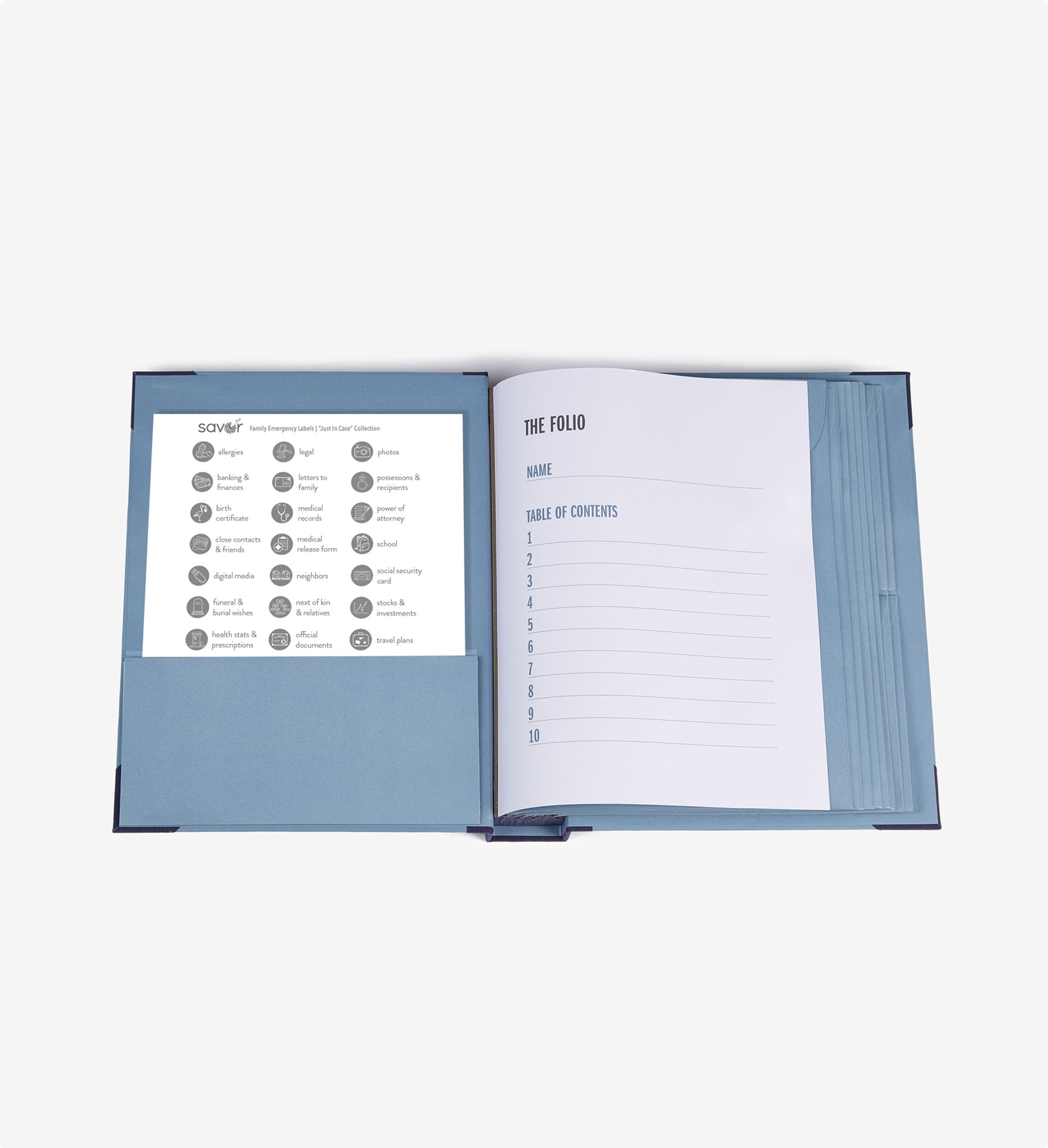 Savor folio document organizer, open with table of contents and labels on the left