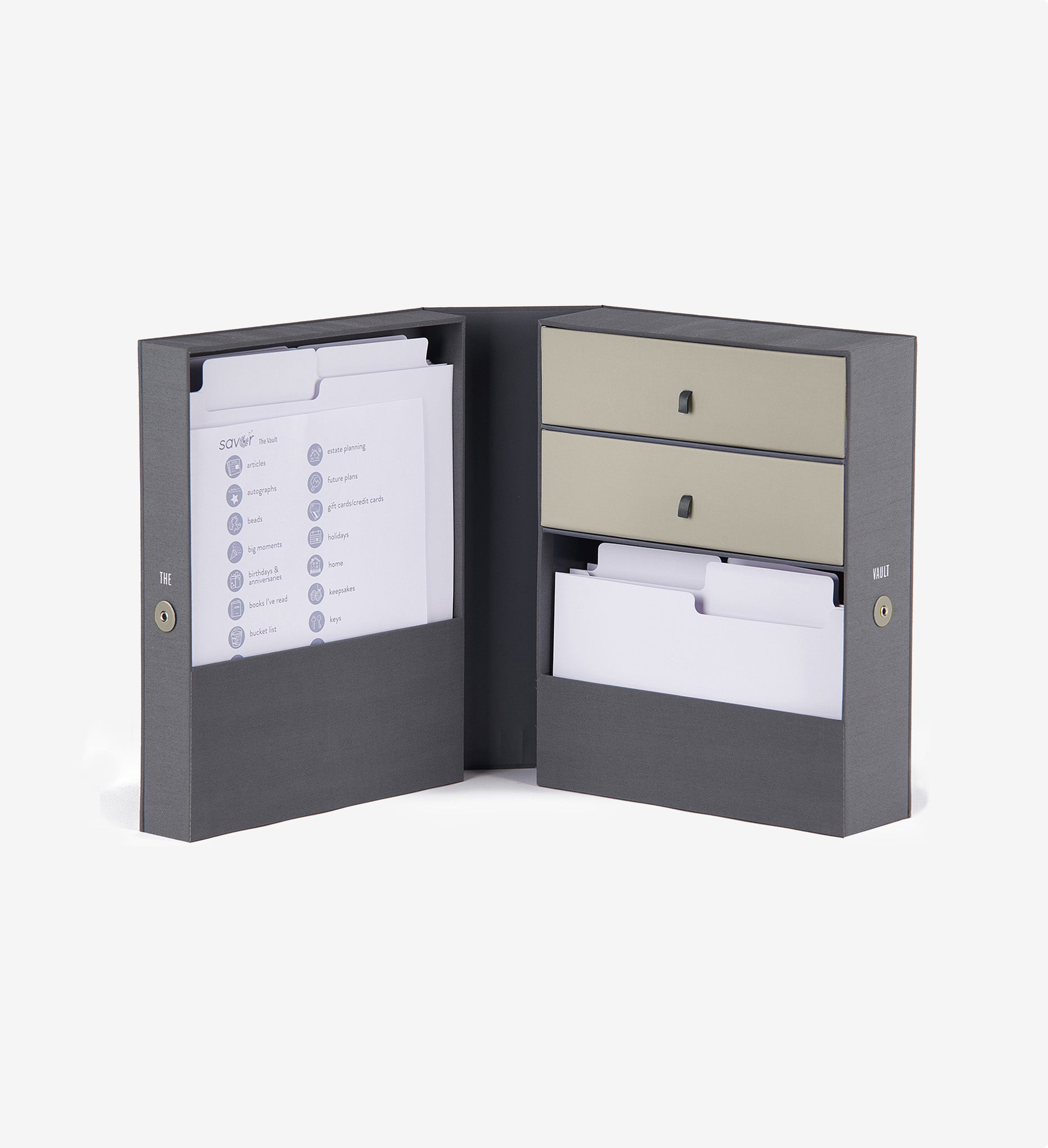 open slate vault keepsake box, with folders and labels