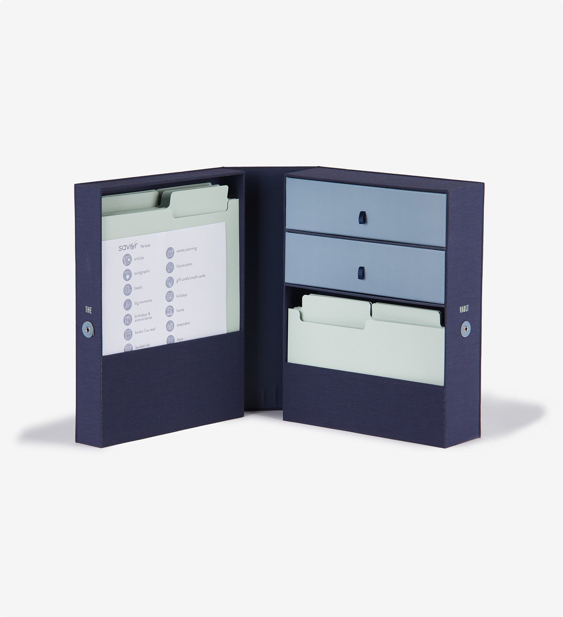 open something blue vault keepsake box, with folders.