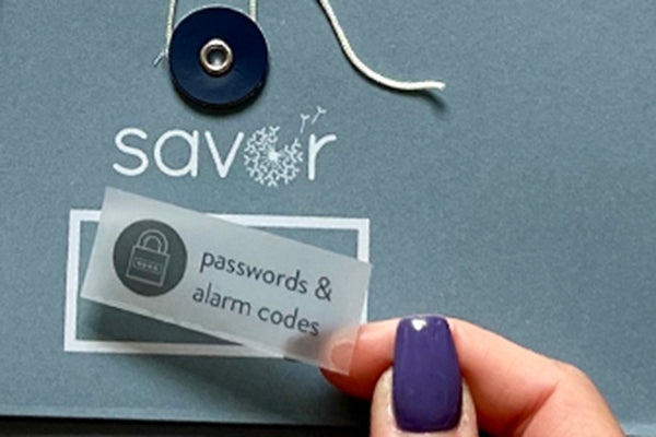 placing passwords and alarm code label on Savor&#39;s In Case I go Missing Folio in Something Blue