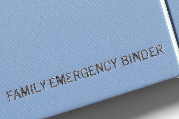 Something Blue Family Emergency important document folio binder for Savor.  Shows close up of personalization saying &quot;Family Emergency Binder.&quot;