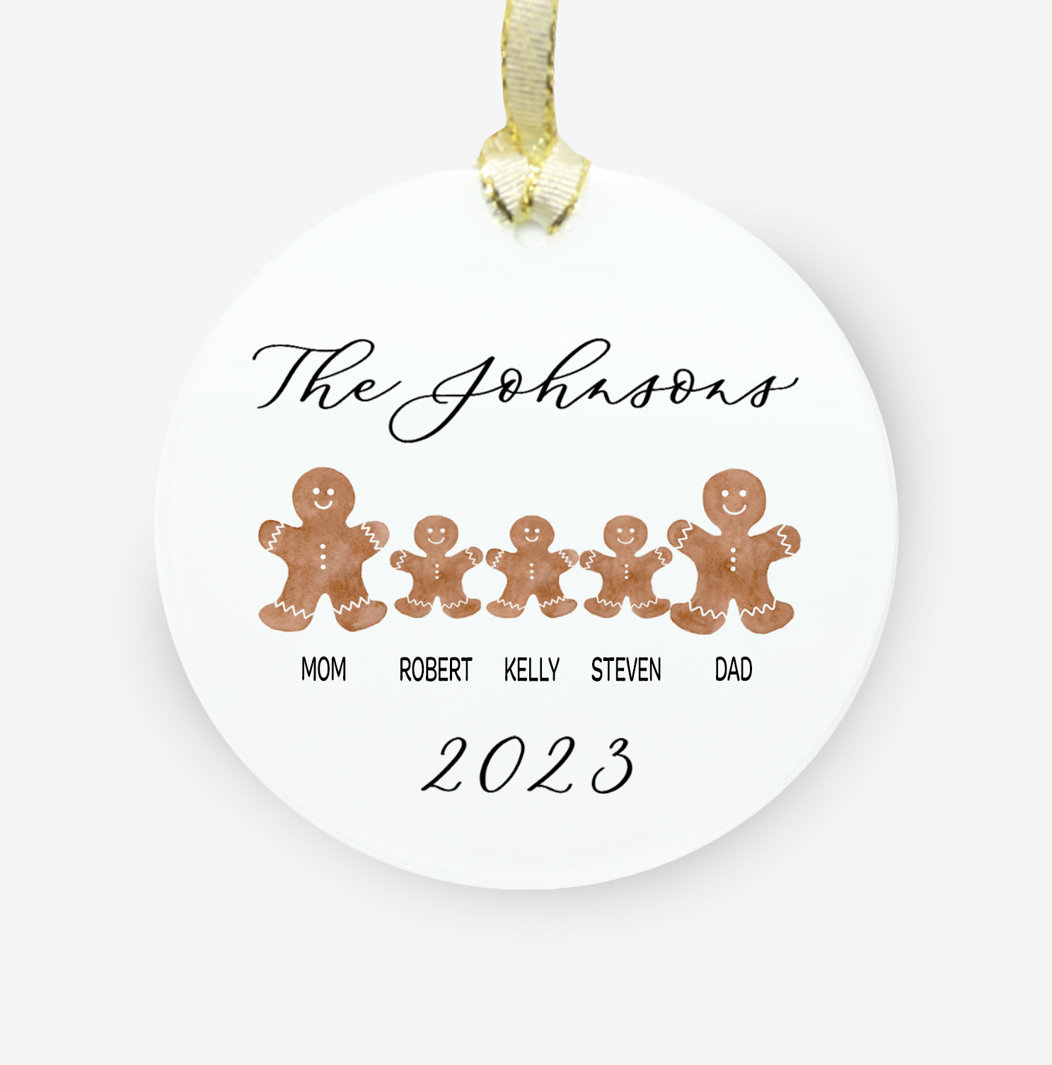 a christmas ornament personalized with laura and 5 gingerbread cookies