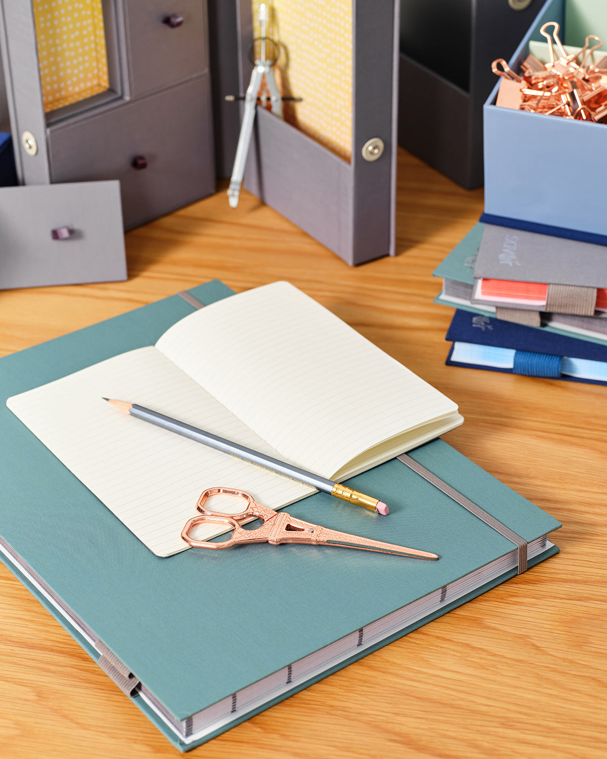 Organization boxes and document organizer folios on a table.