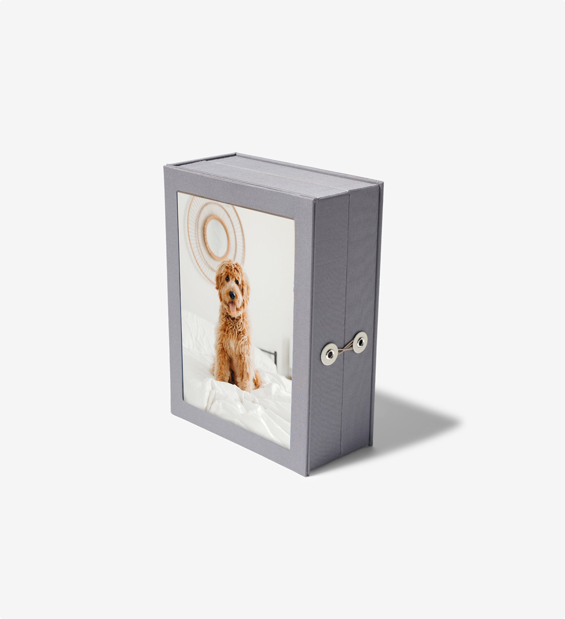 closed gray story box with a pet picture