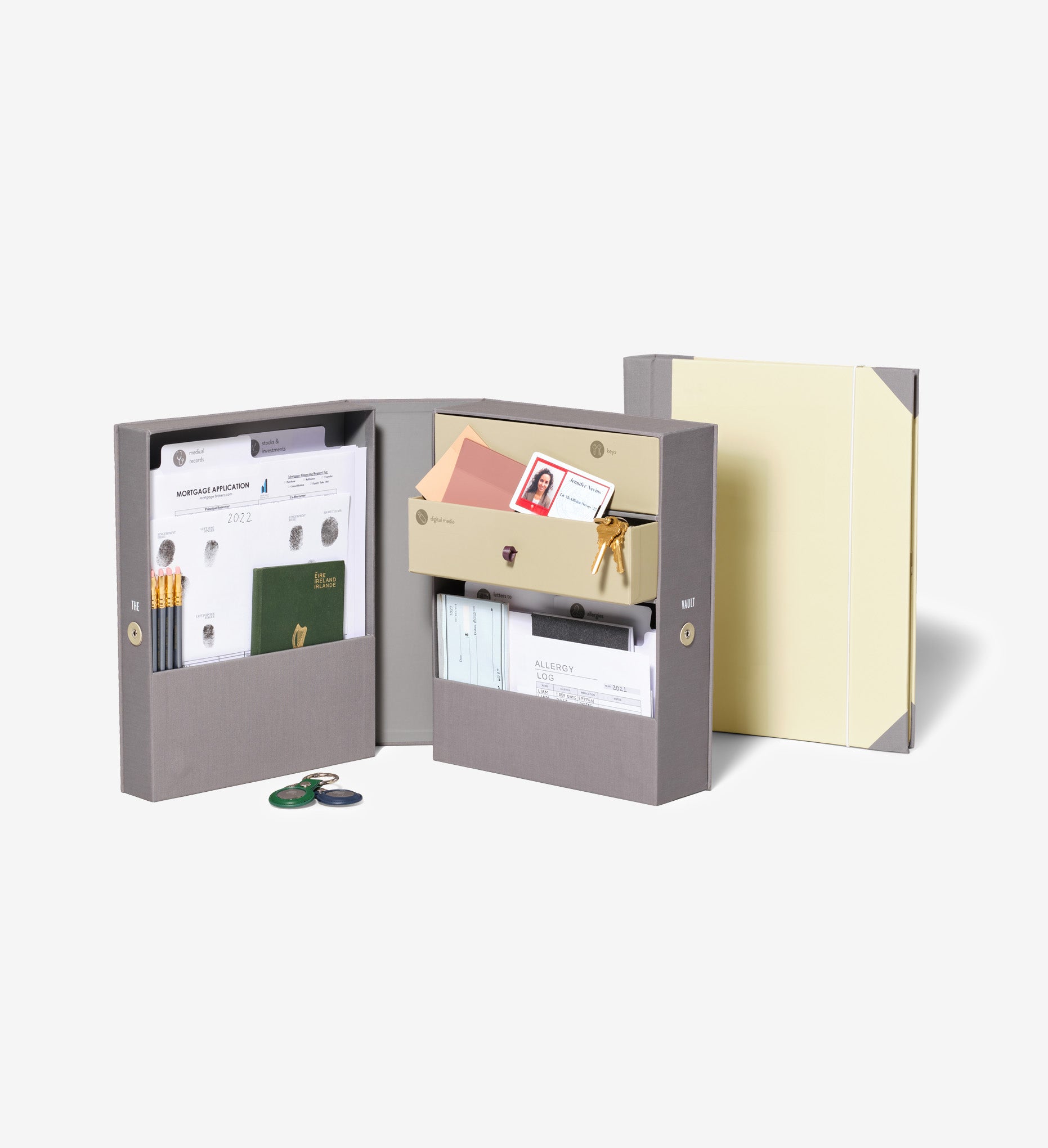 Savor organizer keepsake box and Folio document organizer in grey and beige, on seamless background