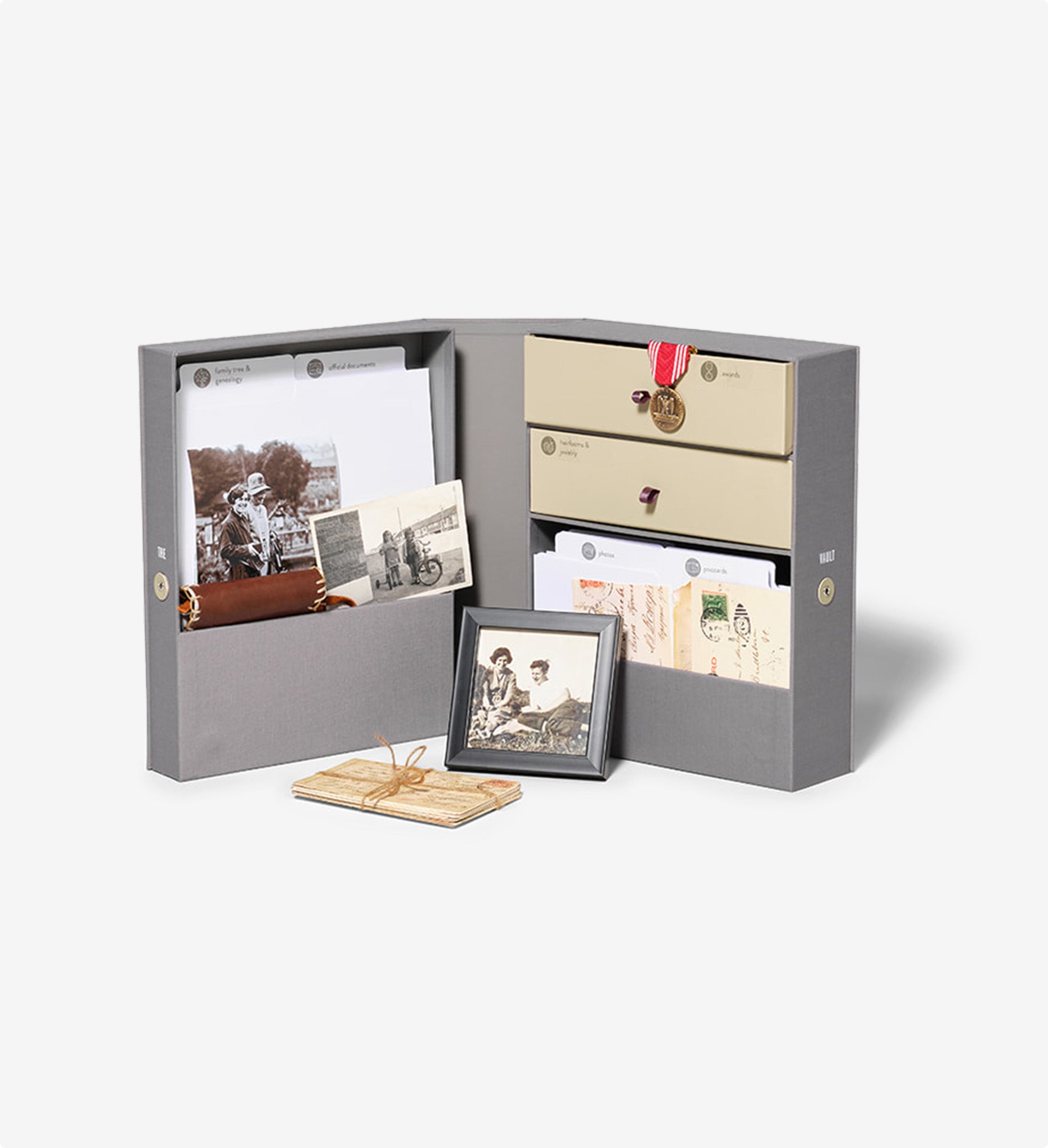 Open slate family heritage vault keepsake box with props.