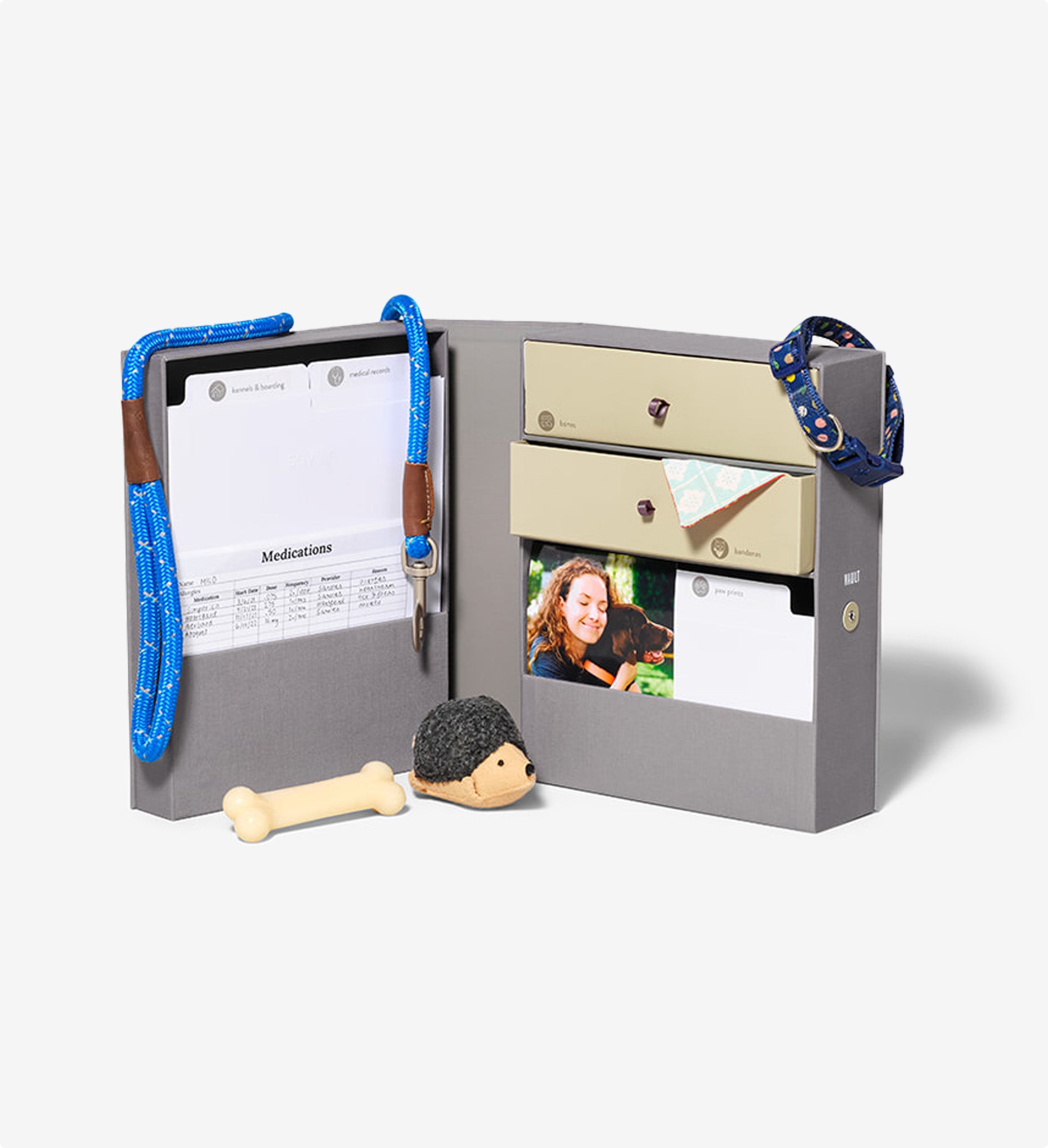 open slate pet vault keepsake box with props.