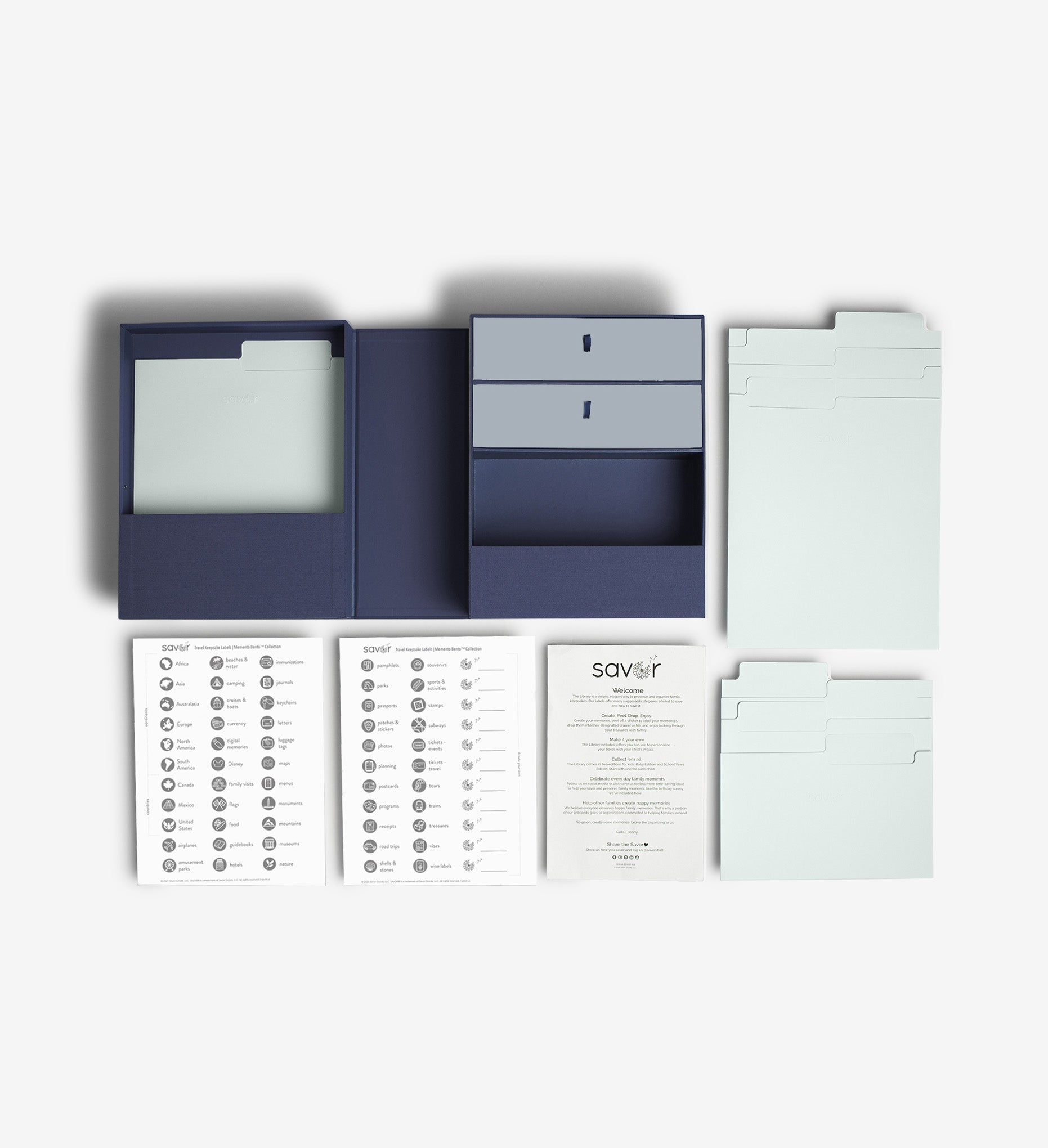 Something blue travel vault keepsake box flat lay with two label sheets, a welcome letter, a set of big folders and a set of small folders