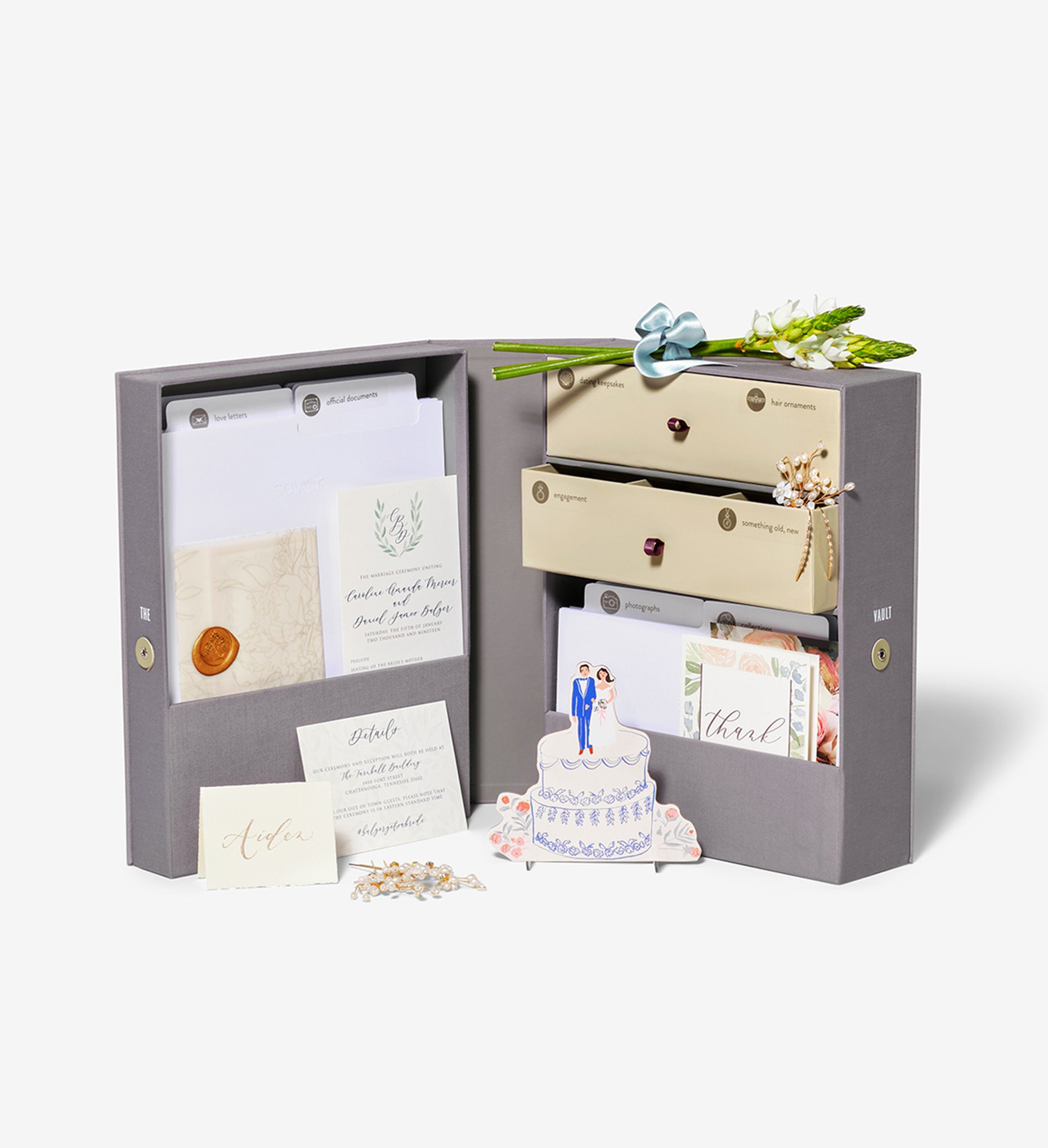 Open slate wedding vault keepsake box with wedding decorations