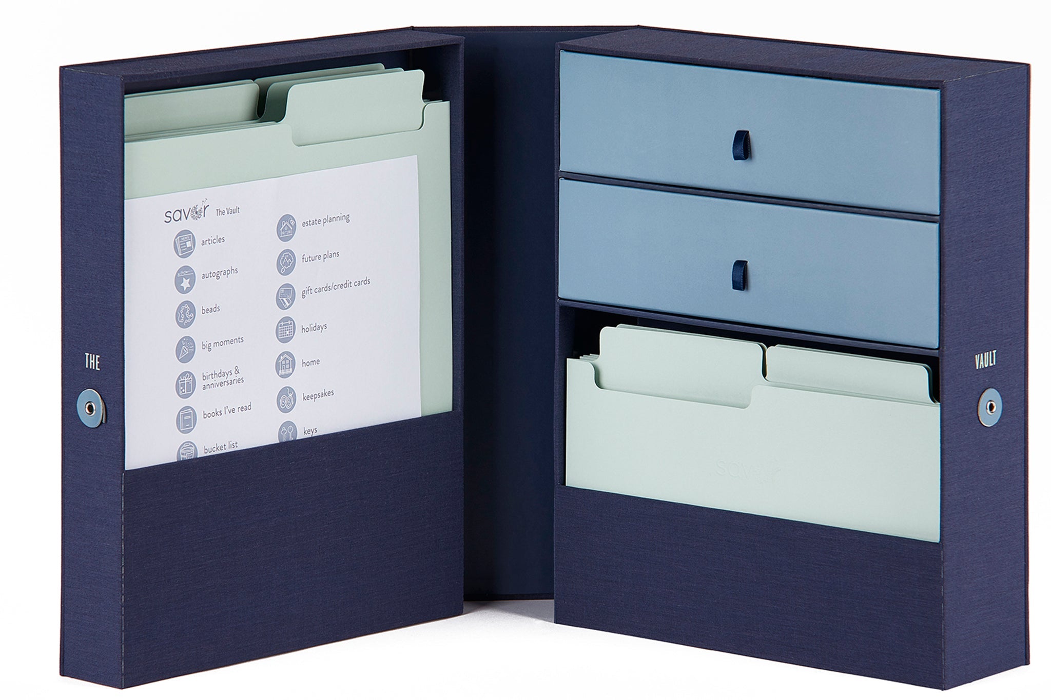 open blue vault keepsake box with label sheet showing