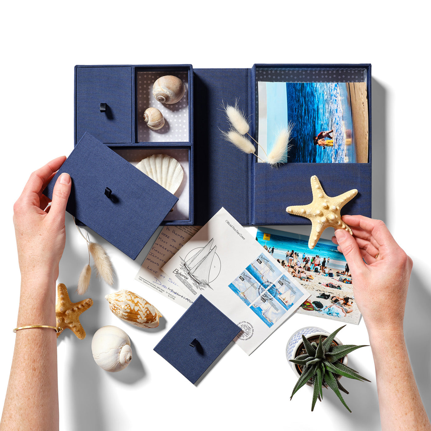 An open something blue story box with props and someone holding a starfish.