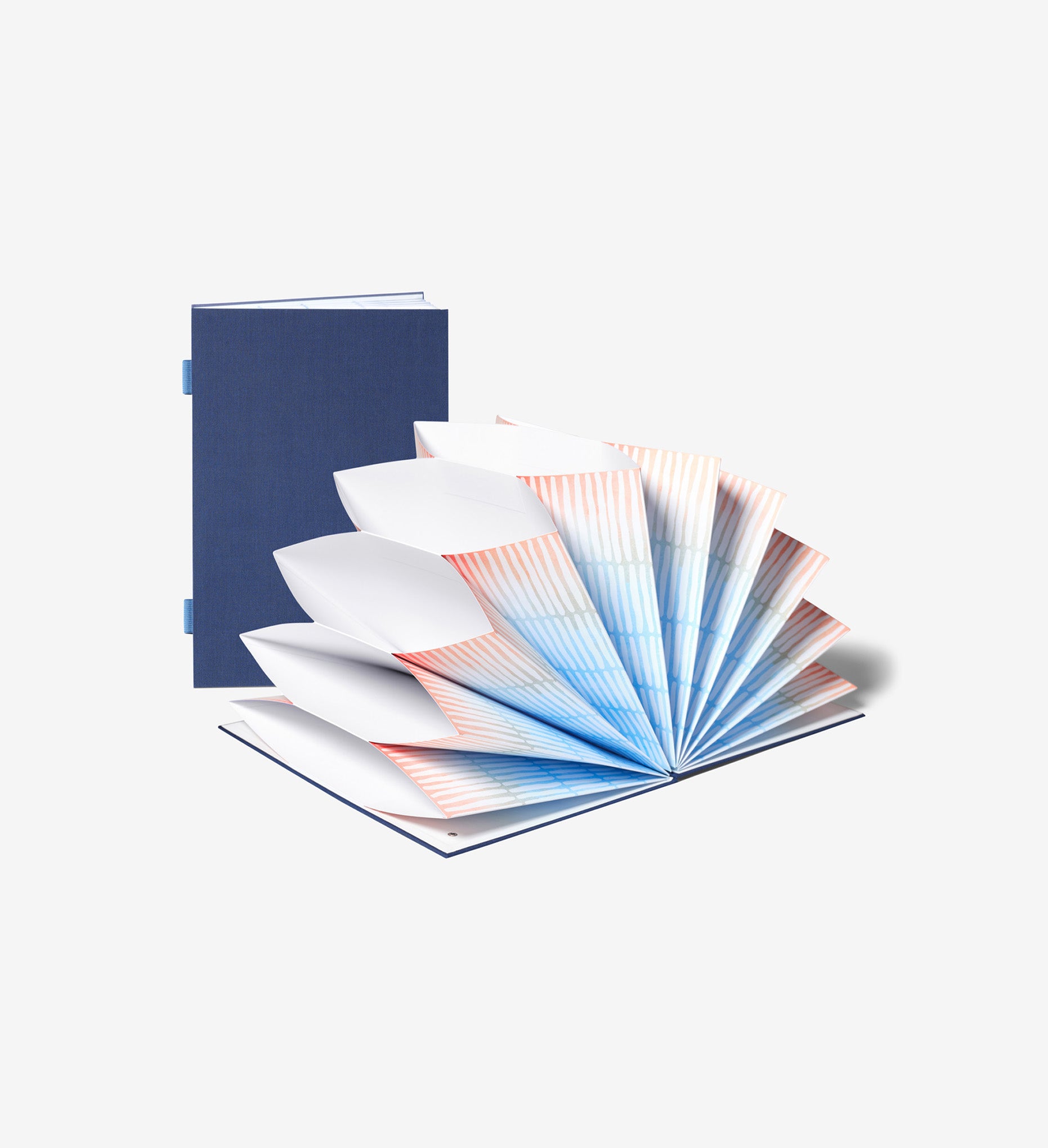 Savor blue fan folio with light blue and coral interior, one closed and one open
