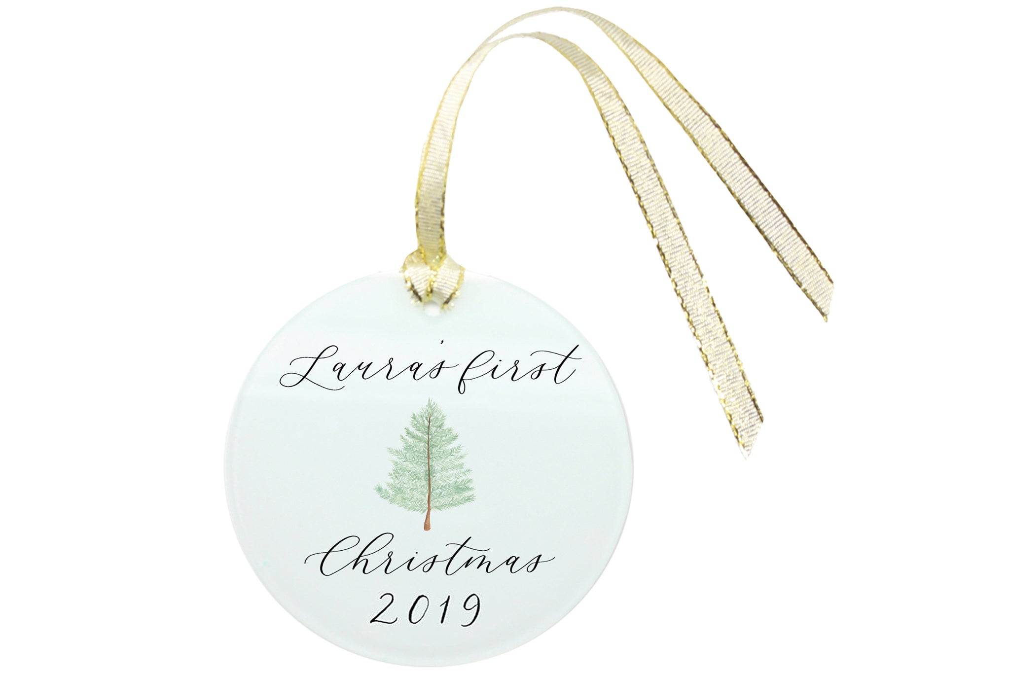 Savor first christmas ornament personalized with Laura font and an evergreen tree