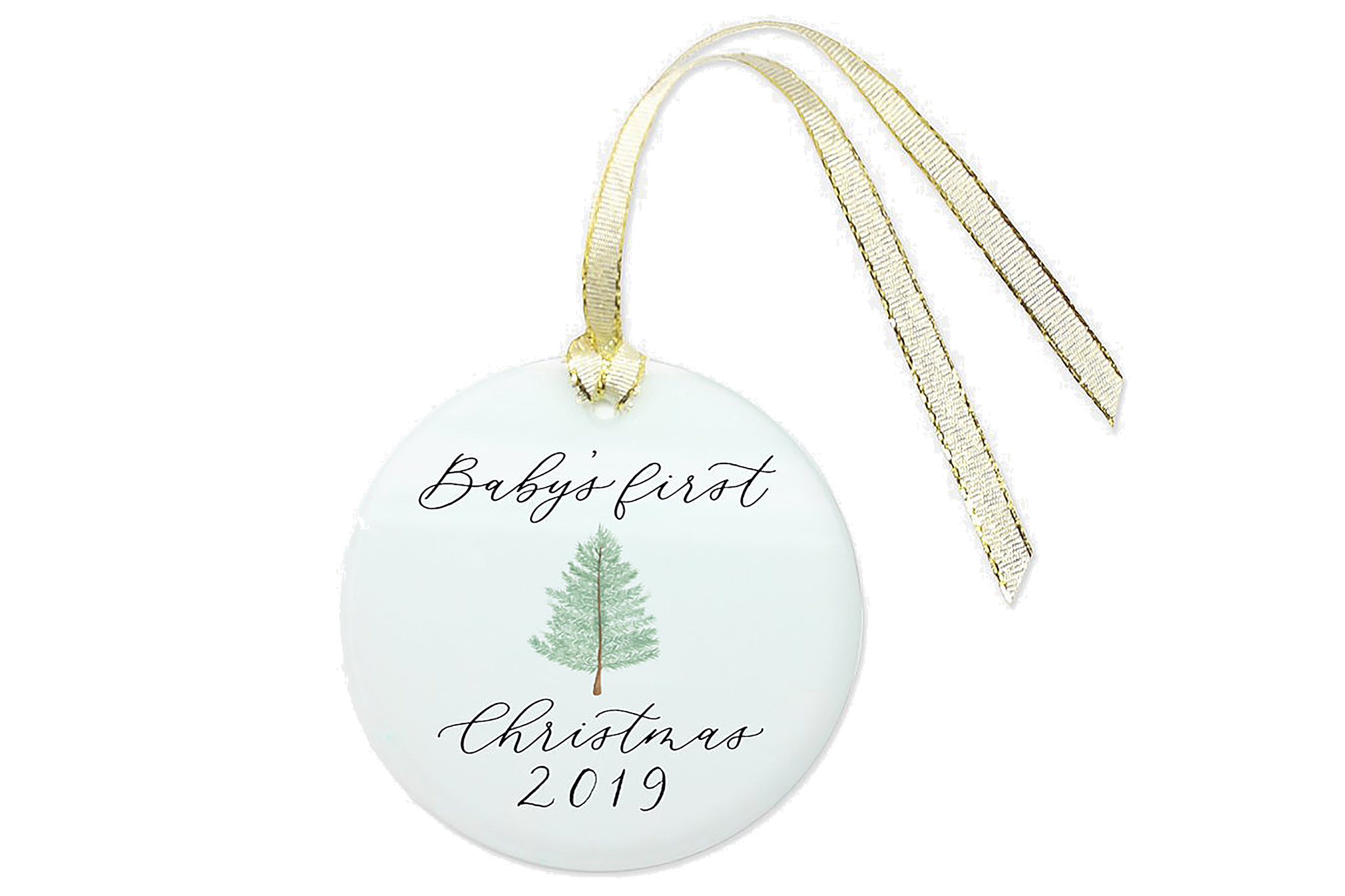 Savor first christmas ornament personalized with Laura font and an evergreen tree