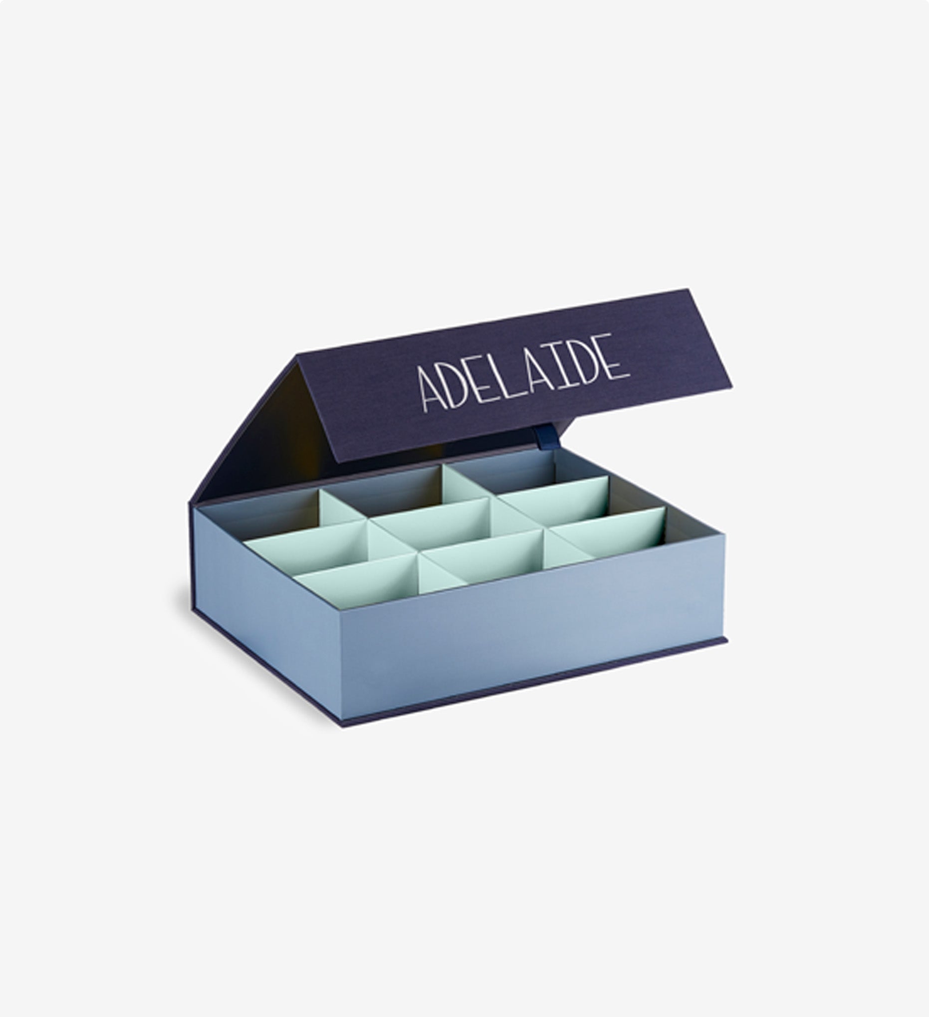Something blue overflow box open personalized with 'Adelaide' on the flip