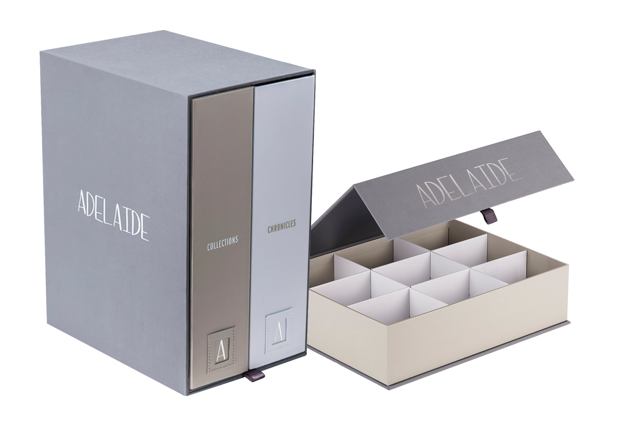 closed slate baby Deluxe Keepsake & open Overflow Box, both personalized with adelaide.