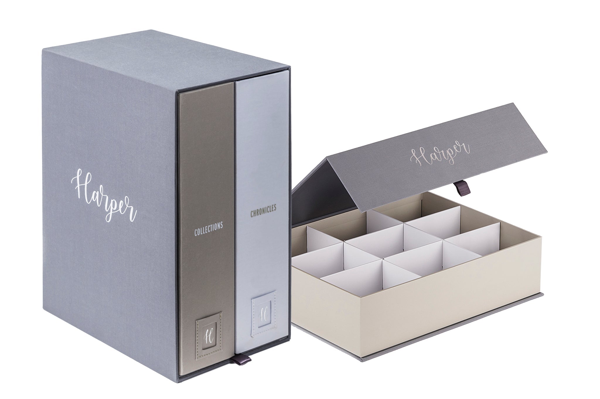 closed slate baby Deluxe Keepsake & open Overflow Box, both personalized with harper..