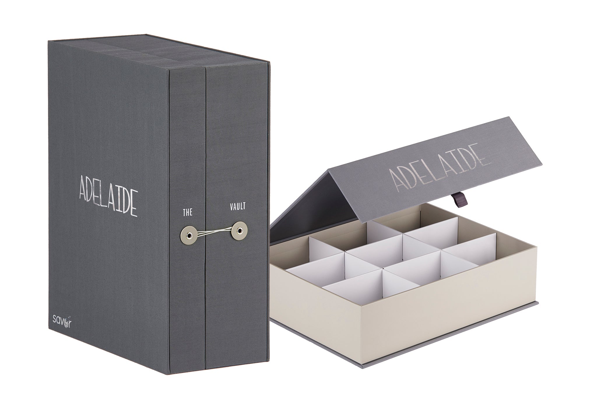 closed slate baby keepsake box next to open slate overflow box. Both personalized with adelaide.